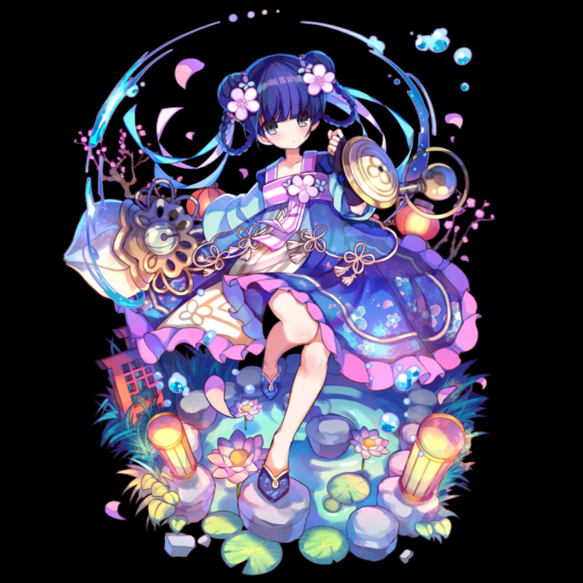 merc storia art team, merc storia, highres, official art, black background, blue hair, blue shoes, blunt bangs, blush, braid, chinese clothes, closed mouth, club (weapon), double bun, dress, flat chest, flats, flower, full body, grass, grey eyes, hair bun, hair flower, hair ornament, holding, holding club, holding shield, holding weapon, li hua (merc storia), long sleeves, lotus, pink flower, pond, shield, shoes, simple background, solo, standing, tachi-e, water, weapon, wide sleeves