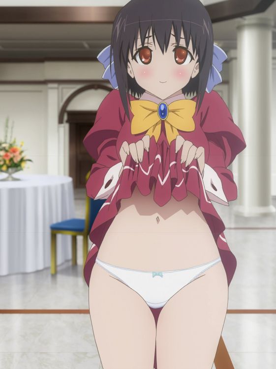 takami akio, saikyou tomomi, ladies versus butlers!, dvd, extra, screencap, 1girl, blush, clothes lift, embarrassed, panties, school uniform, short hair, skirt, skirt lift, smile, underwear, white panties