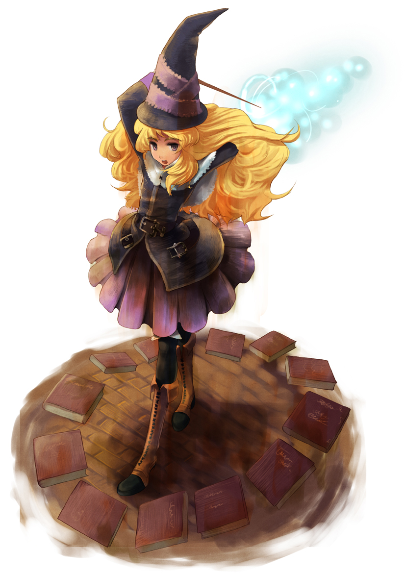 juun, lillet blan, grimgrimoire, 1girl, arms up, blonde hair, book, boots, female focus, hat, long hair, purple eyes, solo, wand, witch hat, wizard hat