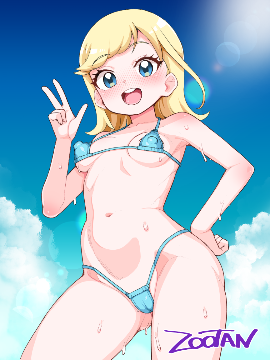 zootan, hoshikawa mitsuki, himitsu no aipri, pretty series, 1girl, :d, artist name, bare arms, bare shoulders, bikini, blonde hair, blue bikini, blue eyes, blue sky, breasts, cameltoe, clenched hand, cloud, contrapposto, covered erect nipples, cowboy shot, from below, hand on own hip, hand up, highleg, highleg bikini, legs apart, lens flare, light blush, long hair, looking at viewer, medium hair, micro bikini, navel, open mouth, outdoors, sky, small breasts, smile, solo, standing, straight hair, swimsuit, teeth, upper teeth only, v, wet