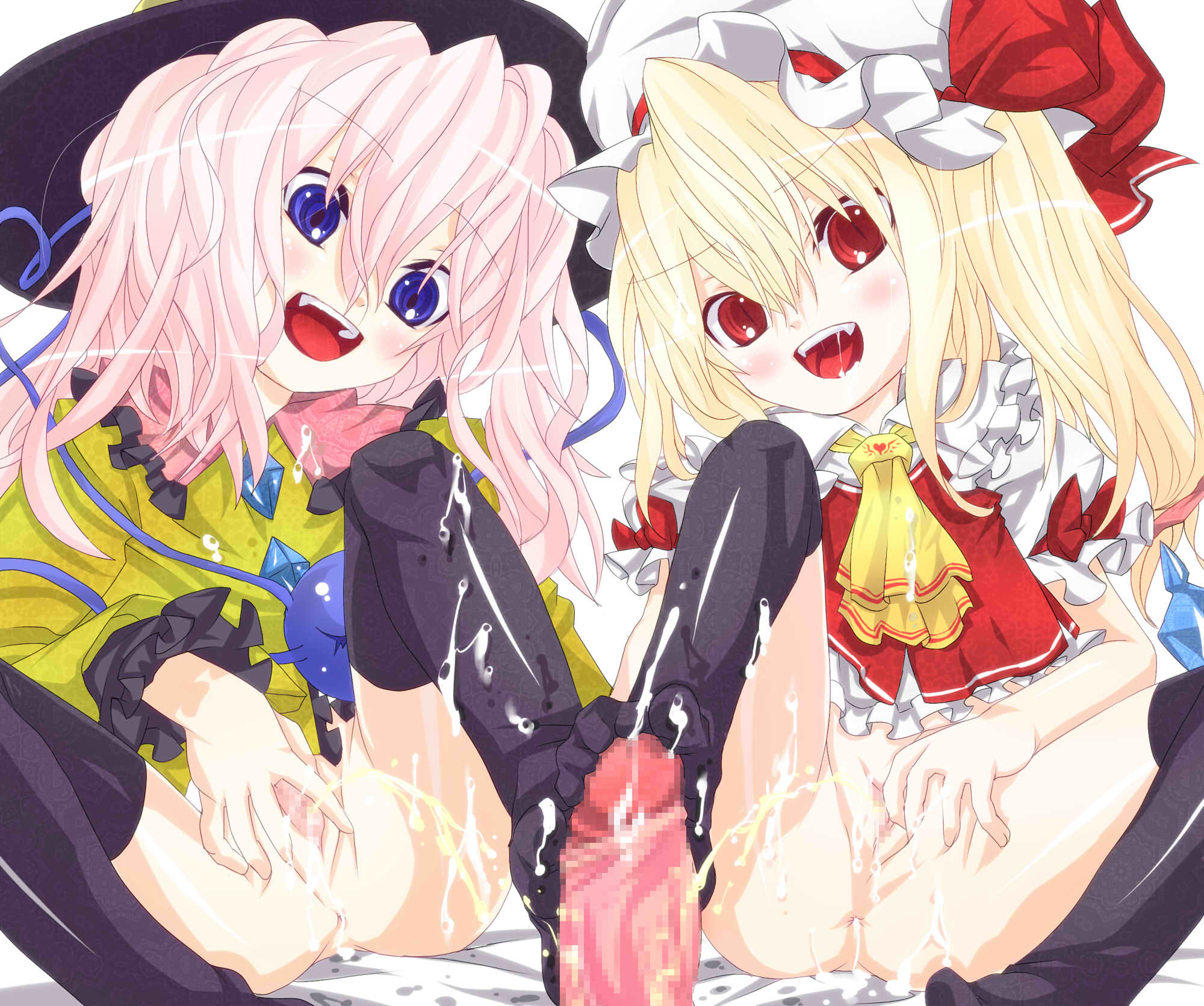 tm (gf-tm), flandre scarlet, komeiji koishi, touhou, highres, tagme, 1boy, 2girls, blonde hair, blue eyes, censored, cooperative footjob, cum, feet, footjob, hat, loli, multiple girls, open mouth, peeing, peeing together, penis, pink hair, pussy, red eyes, spread pussy, teamwork (sexual), thighhighs, toes