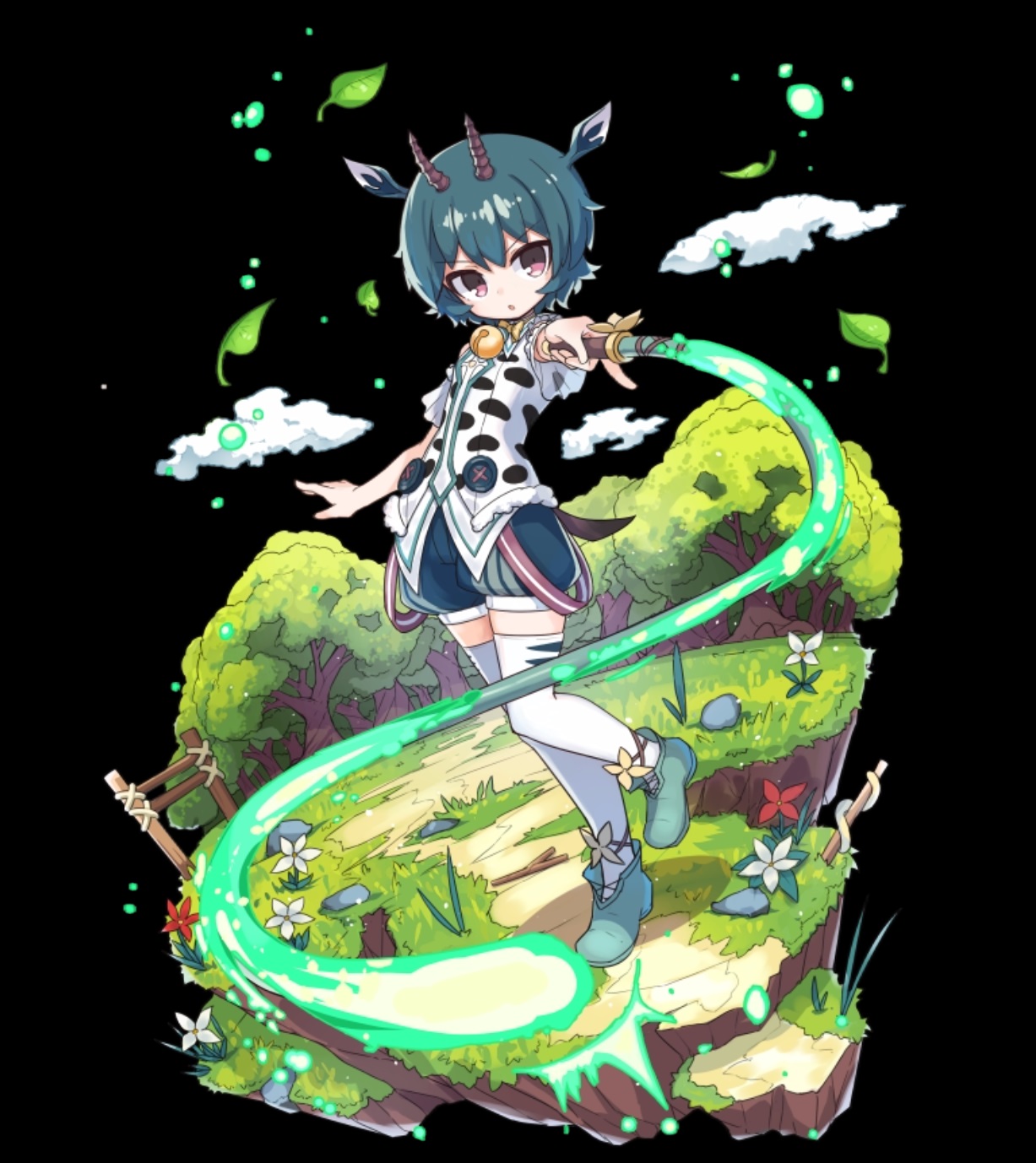 merc storia art team, merc storia, highres, official art, 1girl, :o, animal print, bell, black background, blue shorts, bob cut, brown eyes, cloud, cow print, fence, flat chest, flower, full body, grass, green hair, green shoes, hair between eyes, holding, holding whip, horns, lophey (merc storia), neck bell, outstretched arm, red flower, shirt, shoes, short hair, short sleeves, shorts, simple background, solo, standing, tachi-e, thighhighs, tree, v-shaped eyebrows, whip, white flower, white thighhighs