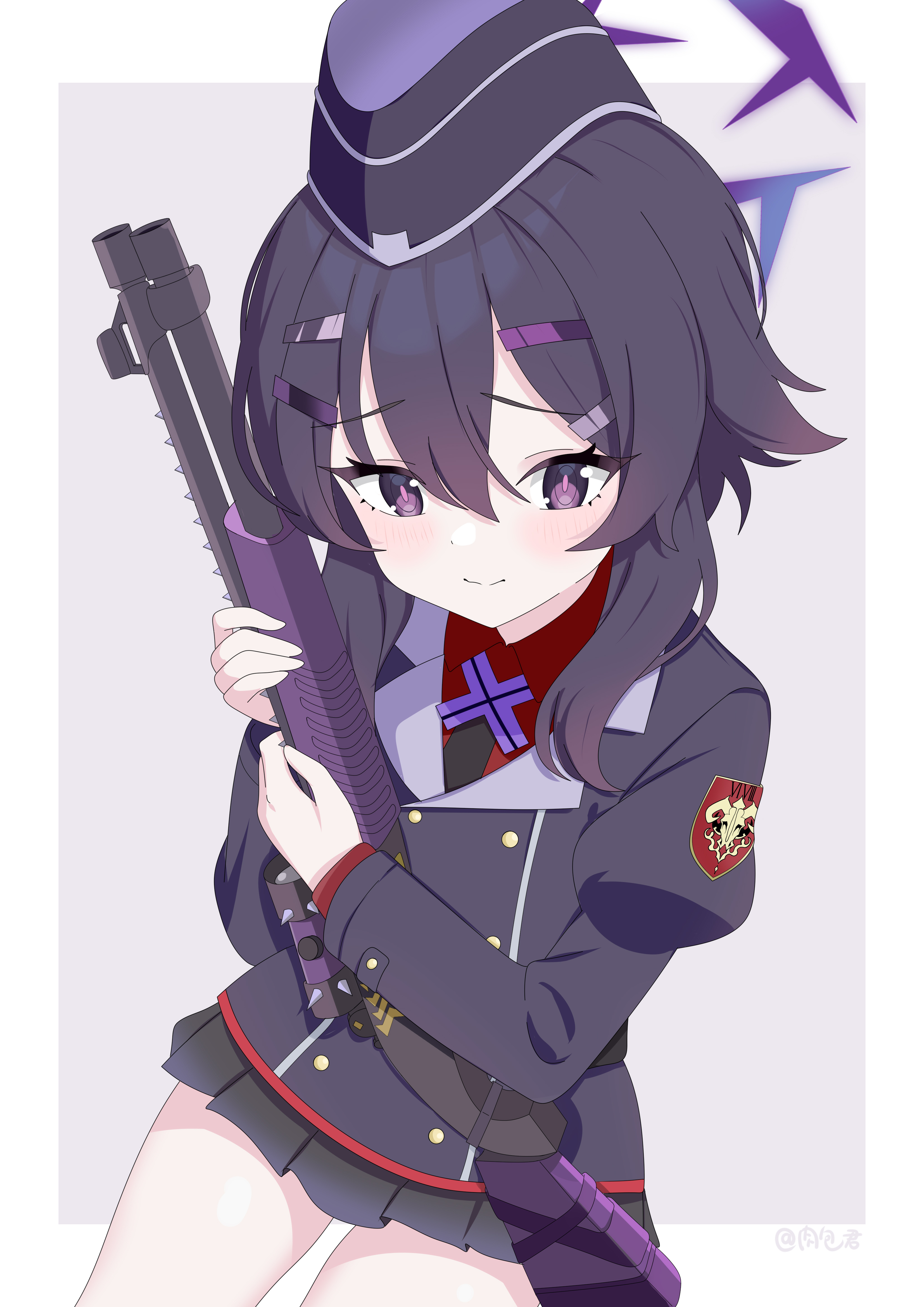 baozi 9527, haruka (blue archive), blue archive, absurdres, commentary, highres, 1girl, artist name, black skirt, border, closed mouth, fabarm fp6, gun, hair ornament, hairclip, halo, hat, holding, holding gun, holding weapon, jacket, medium hair, pleated skirt, pump action, purple background, purple eyes, purple hair, purple halo, purple hat, purple jacket, red shirt, scope, shirt, shotgun, skirt, solo, thighs, weapon, white border