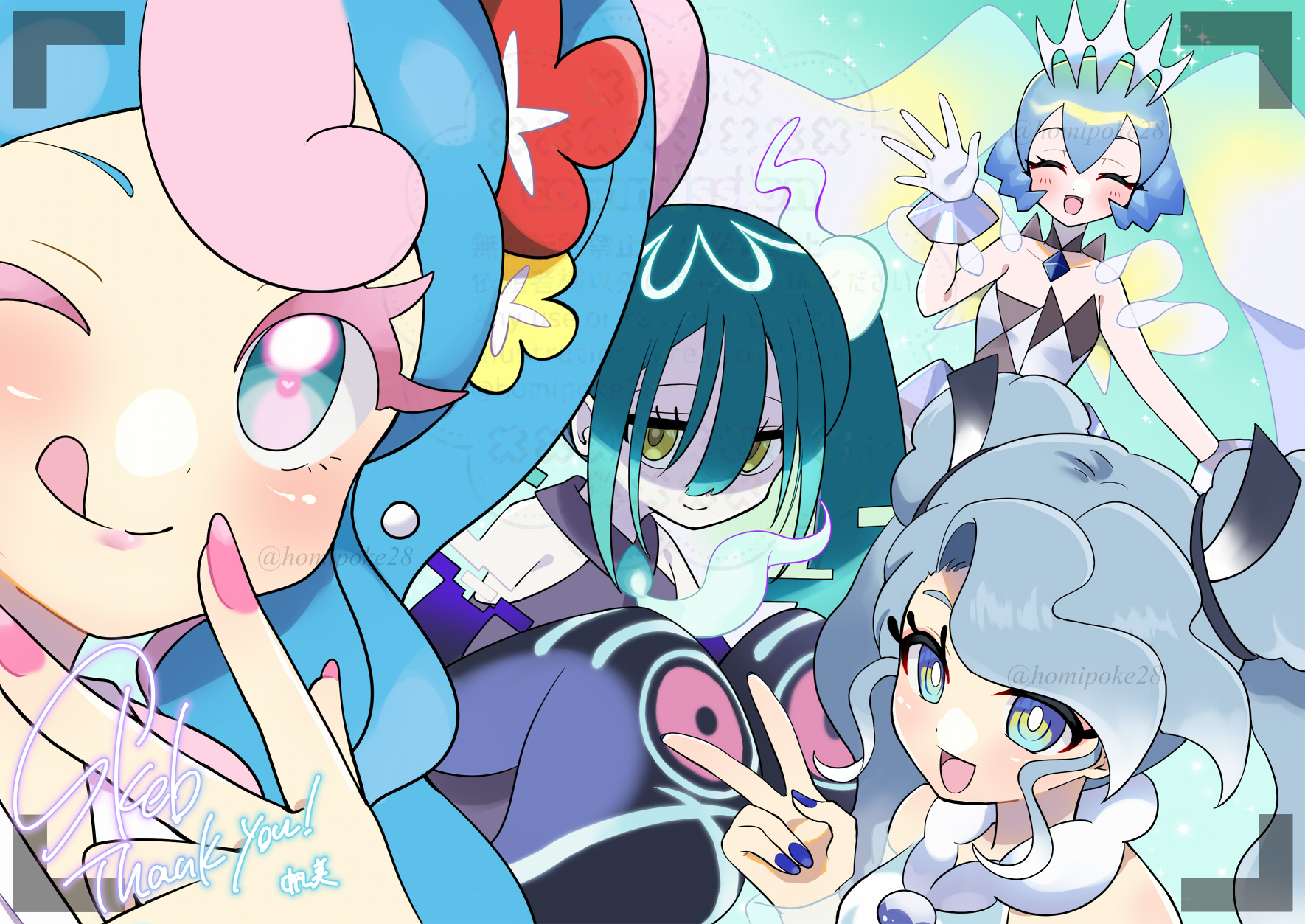 homi28, fairy miku (project voltage), flying miku (project voltage), ghost miku (project voltage), hatsune miku, rock miku (project voltage), nintendo, pokemon, project voltage, vocaloid, commentary request, commission, highres, skeb commission, 4girls, aqua eyes, aqua hair, bare shoulders, blue nails, blush, closed eyes, closed mouth, collarbone, dress, fingernails, flower, ghost girl, glitch, gloves, green hair, hair between eyes, hair flower, hair ornament, heart, heart in eye, long hair, looking at viewer, multiple girls, multiple persona, nail polish, official alternate costume, official alternate hairstyle, one eye closed, open mouth, pink hair, pink nails, prince, red flower, signature, sleeves past fingers, sleeves past wrists, smile, strapless, strapless dress, symbol in eye, tongue, tongue out, twintails, twitter username, upper body, v, veil, very long hair, white gloves, white veil, yellow eyes, yellow flower