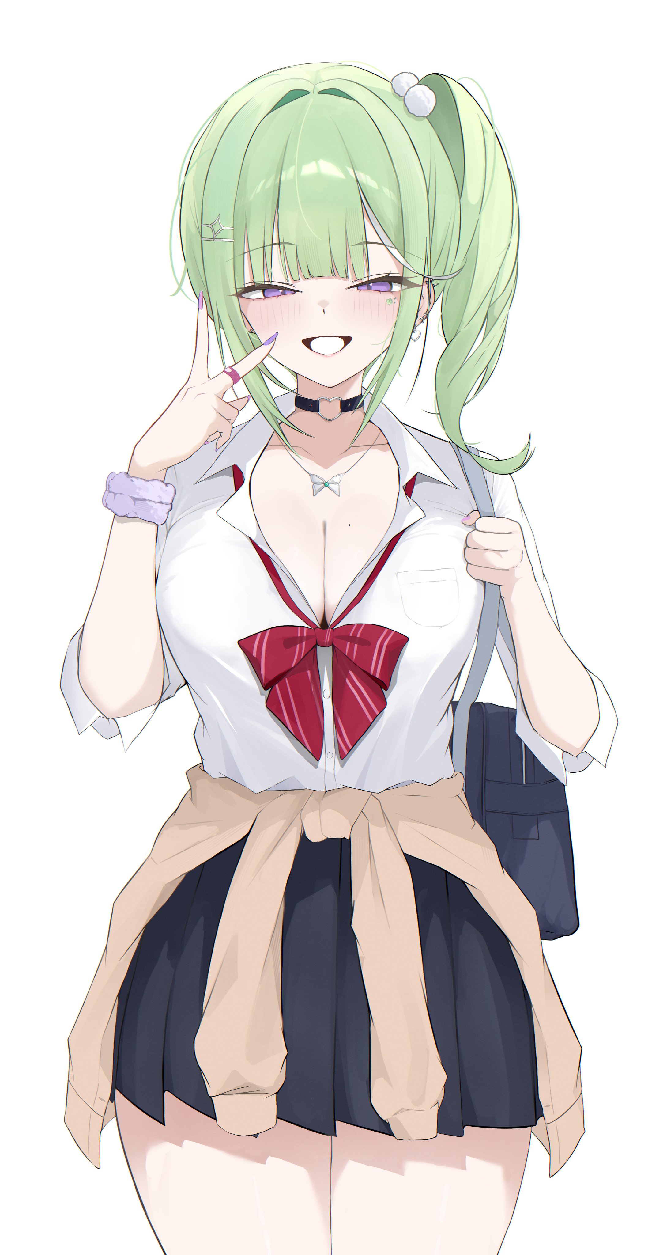 gamble 0, yuzuha riko, stellive, absurdres, commentary, highres, symbol-only commentary, 1girl, bag, black choker, blue bag, blunt bangs, blush, bow, bowtie, breasts, butterfly necklace, cardigan, cardigan around waist, choker, cleavage, clothes around waist, collarbone, collared shirt, diamond hair ornament, ear piercing, earrings, elbow carry, fanged bangs, green hair, gyaru, hair ornament, heart, heart choker, holding, holding bag, jewelry, kogal, large breasts, long hair, looking at viewer, loose bowtie, multicolored hair, necklace, one side up, open mouth, piercing, pleated skirt, pom pom (clothes), purple eyes, red bow, red bowtie, school bag, school uniform, scrunchie, shirt, shoulder bag, simple background, skirt, sleeves rolled up, smile, solo, standing, streaked hair, v, virtual youtuber, white background, white shirt, white streaks, wrist scrunchie, yellow cardigan