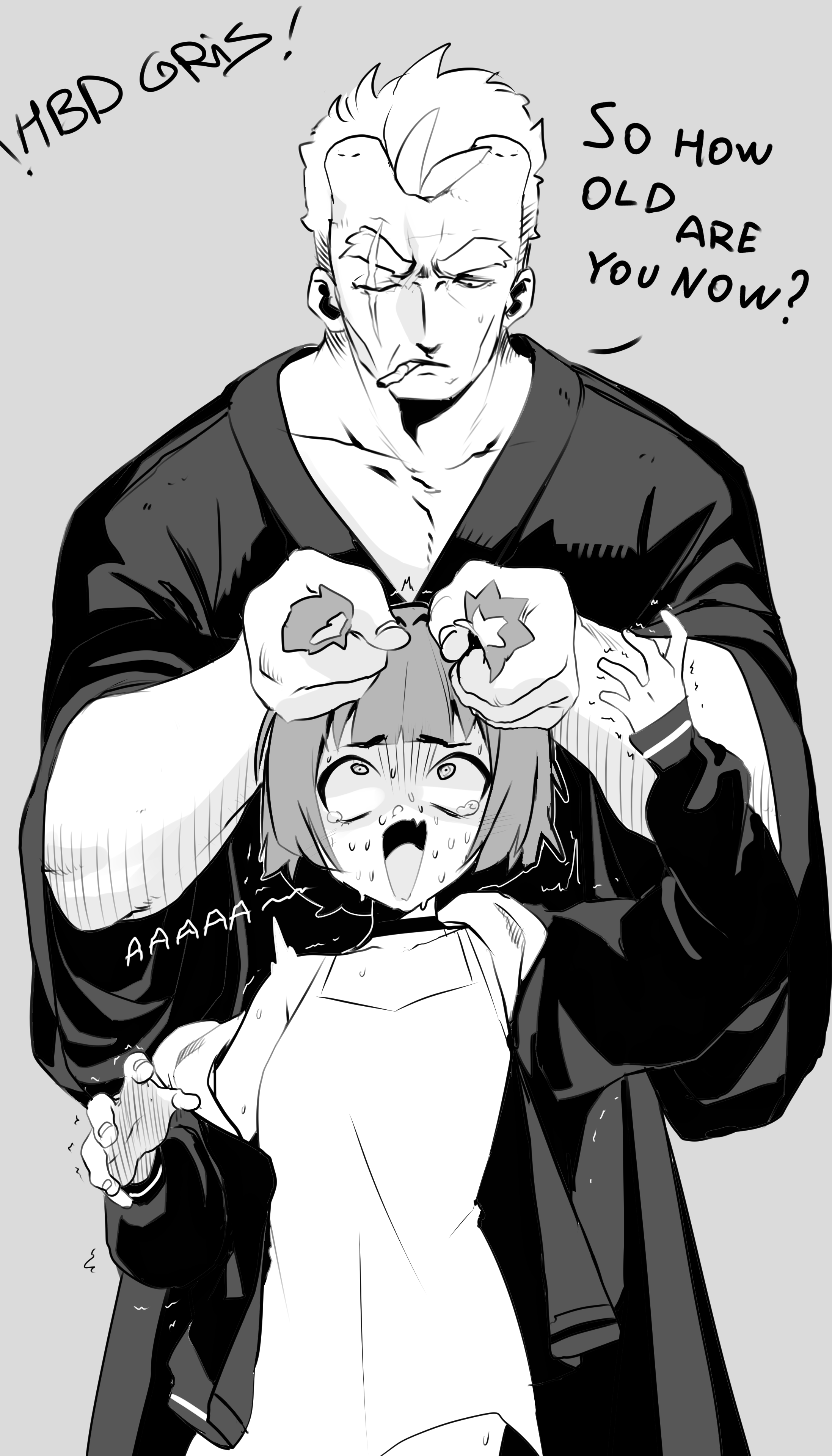 kobi420, boss (go! go! gris!), gris (go! go! gris!), go! go! gris!, absurdres, commentary, english commentary, highres, 1boy, 1girl, bare shoulders, blunt bangs, breasts, choker, cigarette, closed mouth, collarbone, cowboy shot, dress, english text, grabbing another's hair, grey background, happy birthday, holding another's hair, jacket, long sleeves, looking at another, looking down, looking up, monochrome, one eye closed, open clothes, open jacket, open mouth, robe, scar, scar across eye, scar across eyebrow, scar on face, scared, short hair, simple background, small breasts, sweat, thick eyebrows, wide sleeves