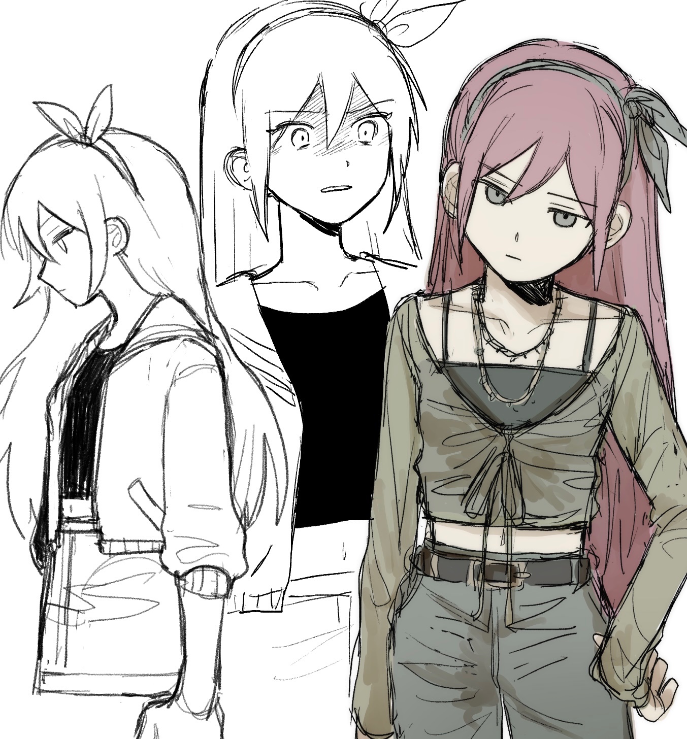 watya wacha, aubrey (faraway) (omori), aubrey (omori), omori, highres, 1girl, :|, alternate costume, alternate eye color, arm at side, barbed wire, bare shoulders, belt, black belt, black camisole, blue pants, bow hairband, breasts, camisole, clenched teeth, closed mouth, collarbone, cowboy shot, cropped torso, denim, double-parted bangs, expressionless, grey eyes, grey hairband, grey shirt, hair between eyes, hairband, hand on own hip, jacket, jeans, jewelry, jitome, long hair, looking ahead, looking at viewer, multiple views, navel, necklace, no sclera, open clothes, open jacket, pale skin, pants, pink hair, profile, ribbon-trimmed shirt, ribbon trim, sailor collar, shaded face, shirt, sidelocks, simple background, skinny, small breasts, standing, straight hair, teeth, very long hair, white background, wide-eyed