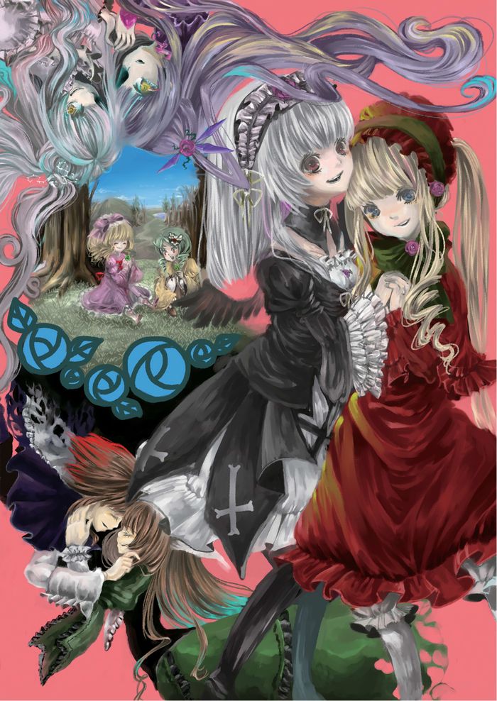 potetomayone zu, barasuishou, hinaichigo, kanaria, kirakishou, shinku, souseiseki, suigintou, suiseiseki, rozen maiden, silver hair, bad id, bad pixiv id, 00s, 6+girls, blonde hair, blue eyes, brown hair, closed eyes, cross, curly hair, doll, dress, everyone, green hair, hairband, hat, holding hands, lolita fashion, long hair, long sleeves, multiple girls, nature, open mouth, profile, purple hair, red eyes, short hair, siblings, sisters, sitting, smile, tree, twintails, upside-down, wide sleeves, yellow eyes