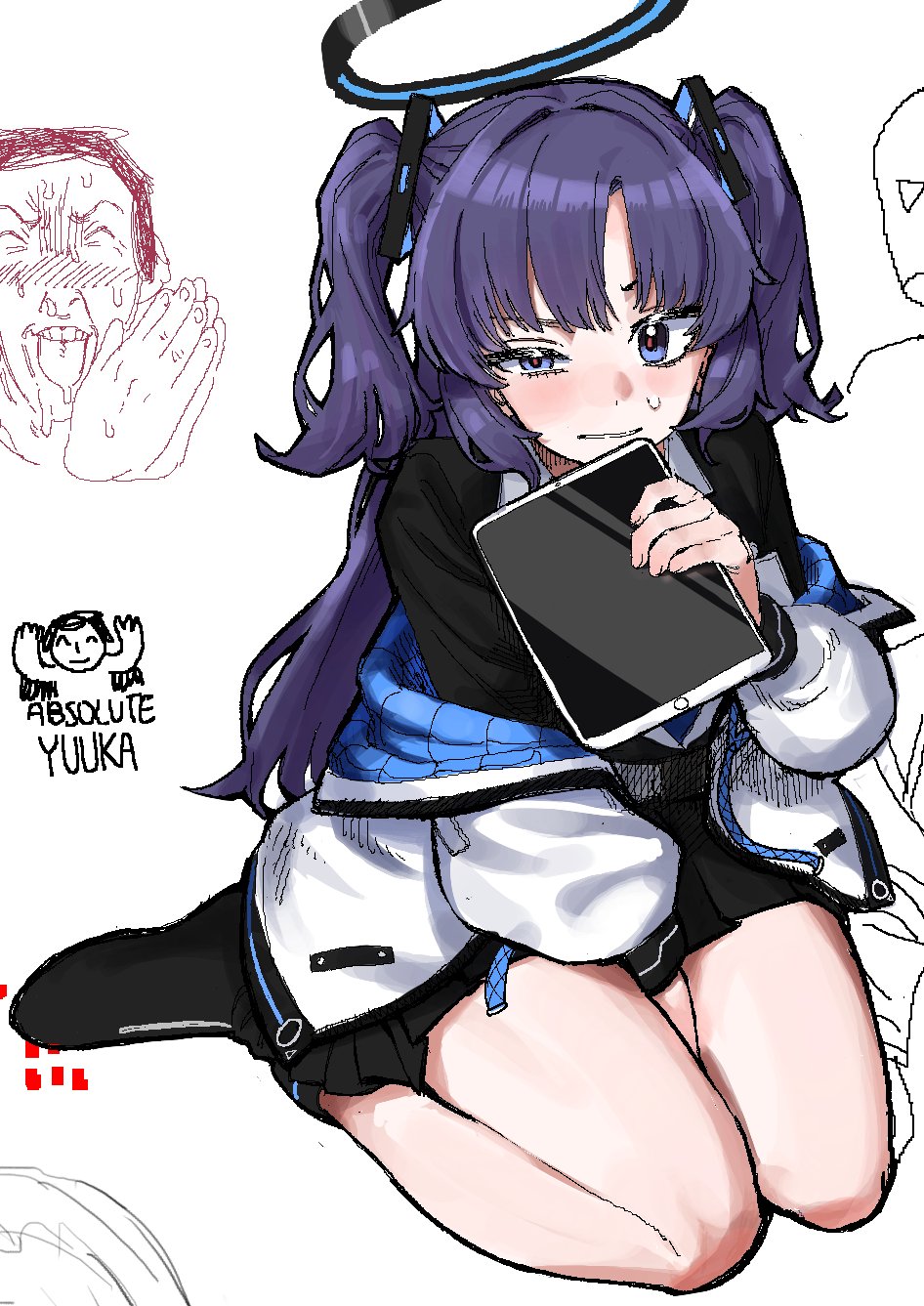yeopeu (yeopeu ), doodle sensei (blue archive), sensei (blue archive), yuuka (blue archive), blue archive, highres, 1boy, 1girl, awkward, between legs, black hair, black halo, black shoes, blue eyes, blue halo, blush, breasts, embarrassed, hair ornament, half-closed eye, halo, hand between legs, hand between thighs, holding, holding tablet pc, jacket, jacket partially removed, kneeling, light smile, long hair, long sleeves, looking at viewer, mechanical halo, open mouth, purple eyes, purple hair, shirt, shoes, simple background, skirt, smile, squinting, sweat, sweatdrop, tablet pc, thighs, triangle hair ornament, two-sided fabric, two-sided jacket, two side up, uneven eyes, white background, white shirt