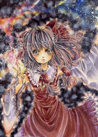 potetomayone zu, hakurei reimu, touhou, bad id, bad pixiv id, marker (medium), traditional media, 1girl, black hair, detached sleeves, dress, female focus, fire, frills, grey eyes, hair ribbon, japanese clothes, long hair, miko, ofuda, ribbon, solo, wide sleeves