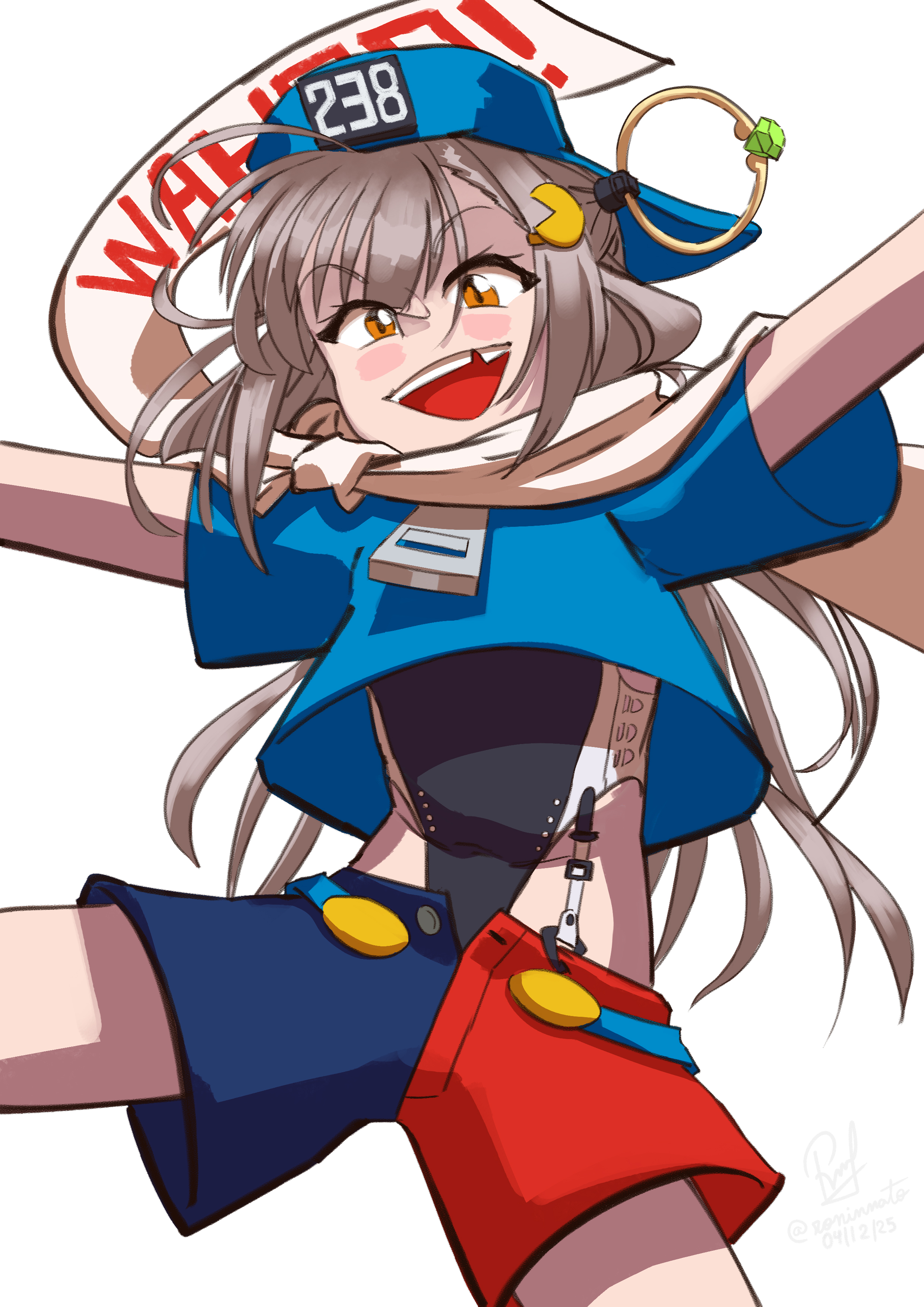 ron (pixiv83091338), klonoa, wahoo (kancolle), kantai collection, kaze no klonoa, absurdres, highres, blue hat, blue shirt, buttons, character name, chipped tooth, cosplay, english text, gem, green gem, hat, jewelry, klonoa (cosplay), ring, scarf, shirt, shorts, smile, super highleg, two-tone one-piece swimsuit, two-tone shorts, white scarf, yellow eyes