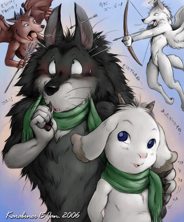 karabiner, gabu (arashi no yoru ni), mei (arashi no yoru ni), arashi no yoru ni, 2006, blush, bow, furry, goat, sweat, wolf