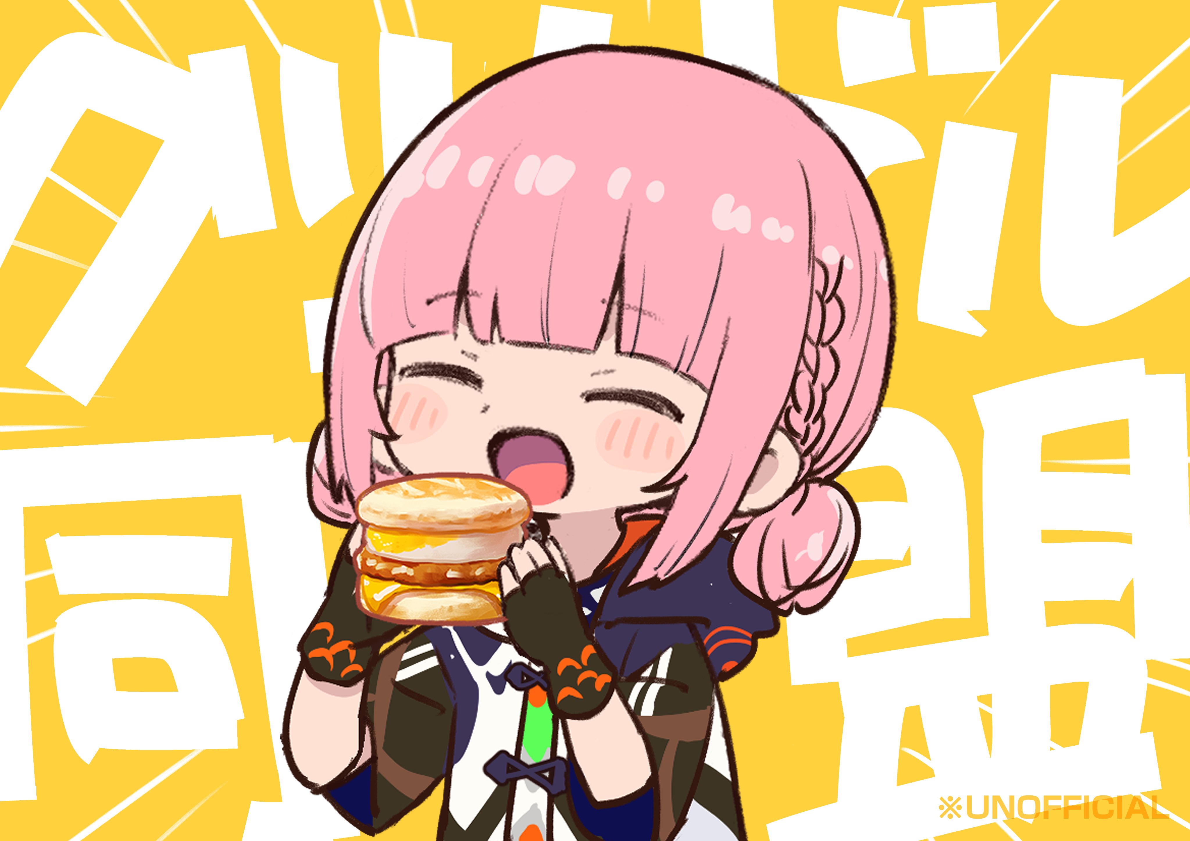 nakamori kemuri, kaf (kamitsubaki studio), kamitsubaki studio, mcdonald's, absurdres, commentary, derivative work, highres, symbol-only commentary, translation request, 1girl, :o, ^ ^, black gloves, blue jacket, blush, braid, brown jacket, burger, chibi, chibi only, closed eyes, double bun, eating, emphasis lines, fingerless gloves, food, gloves, hair bun, holding, holding burger, holding food, hood, hood down, hooded jacket, jacket, multicolored jacket, open clothes, open jacket, open mouth, pink hair, side braid, solo, upper body, virtual youtuber, white jacket, yellow background