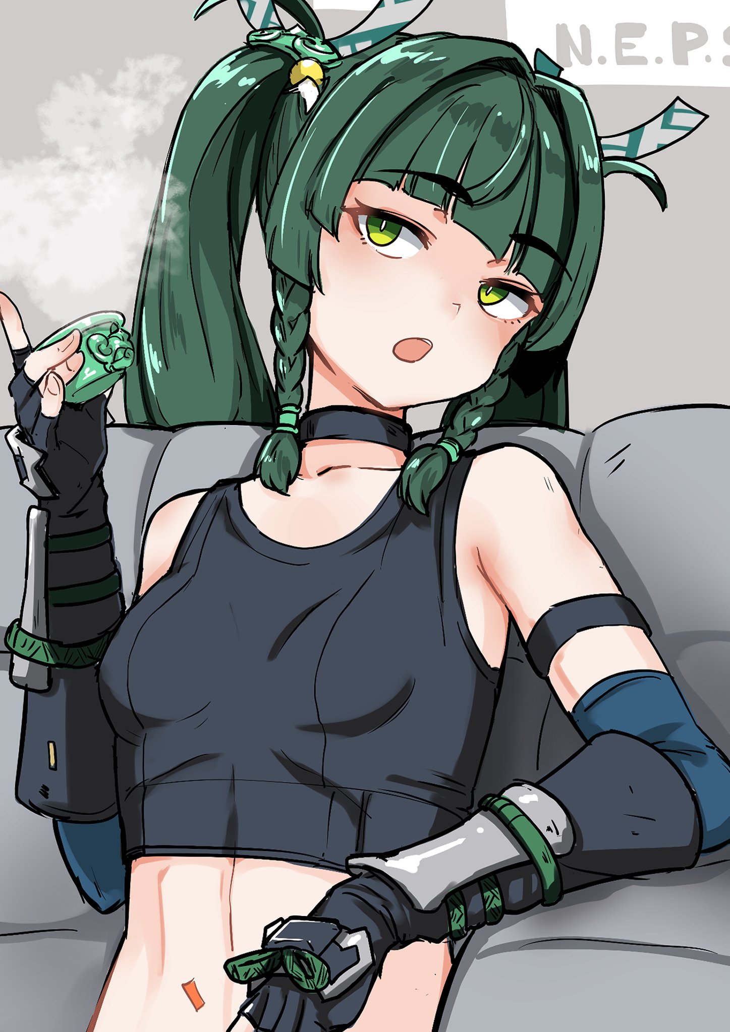 nosuku, qingyi (zenless zone zero), zenless zone zero, commentary request, highres, revision, 1girl, arm guards, bare shoulders, black gloves, black sports bra, braid, breasts, choker, cup, elbow gloves, gloves, green eyes, green hair, hair ornament, hair ribbon, long hair, looking at viewer, navel, open mouth, ribbon, sidelocks, small breasts, solo, sports bra, twin braids, twintails
