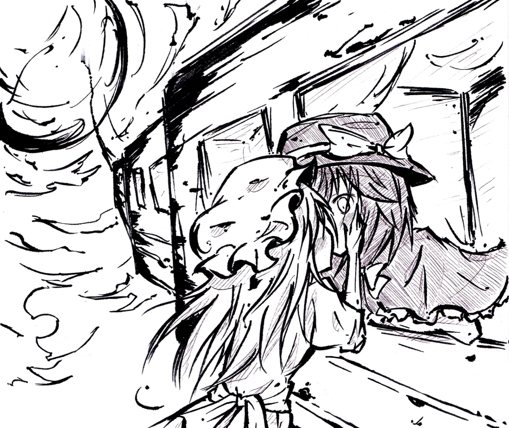 reishiki, maribel hearn, usami renko, ghostly field club, touhou, bad id, bad pixiv id, 2girls, blush, female focus, greyscale, hat, kiss, monochrome, multiple girls, yuri