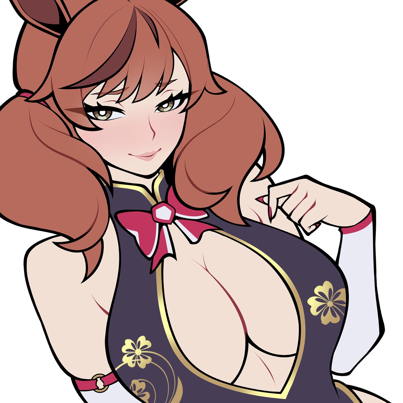 ochii1, nice nature (umamusume), umamusume, highres, unfinished, 1girl, alternate breast size (larger), animal ears, bare shoulders, black dress, blush, bow, bowtie, breasts, brown eyes, brown hair, china dress, chinese clothes, cleavage, cleavage cutout, clothing cutout, detached sleeves, dress, ear bow, eyelashes, floral print, horse ears, horse girl, large breasts, lips, looking at viewer, medium hair, multicolored hair, nose, red bow, red bowtie, red nails, simple background, skindentation, sleeveless, sleeveless dress, smile, solo, streaked hair, twintails, upper body, white background, white sleeves