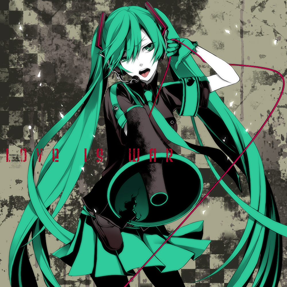 macco, hatsune miku, koi wa sensou (vocaloid), vocaloid, bad id, bad pixiv id, 1girl, female focus, gloves, green eyes, green hair, headset, long hair, matching hair/eyes, megaphone, necktie, pantyhose, skirt, solo, tongue, very long hair