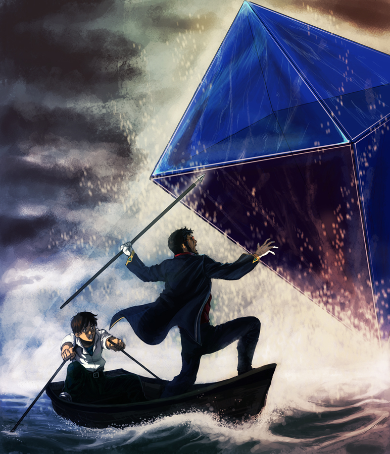 angel (evangelion), ikari gendou, ikari shinji, ramiel (evangelion), moby dick, neon genesis evangelion, artist request, non-web source, source request, 2boys, age difference, beard, boat, facial hair, family bonding, father and son, glasses, gloves, harpoon, male focus, multiple boys, ocean, outdoors, parody, rowboat, scene reference, school uniform, shouting, sunglasses, water, watercraft