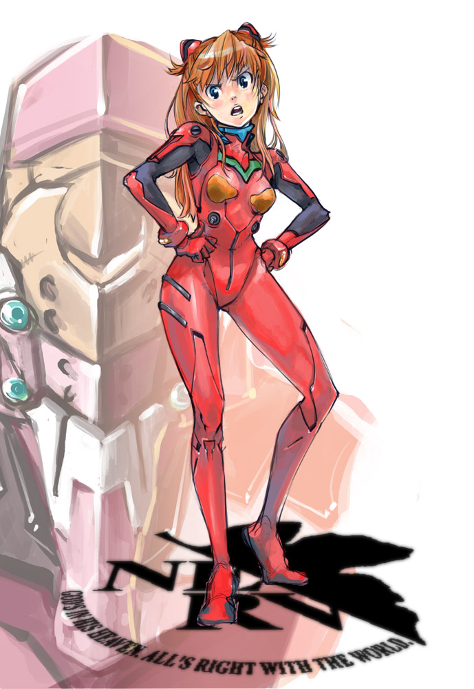 ojisan bosatsu, eva 02, souryuu asuka langley, neon genesis evangelion, rebuild of evangelion, 1girl, blue eyes, bracer, breasts, brown hair, english text, female focus, full body, hands on own hips, head tilt, long hair, mecha, mecha pilot suit, plugsuit (evangelion), robot, scowl, simple background, solo, standing, twintails, two side up, v-shaped eyebrows, white background