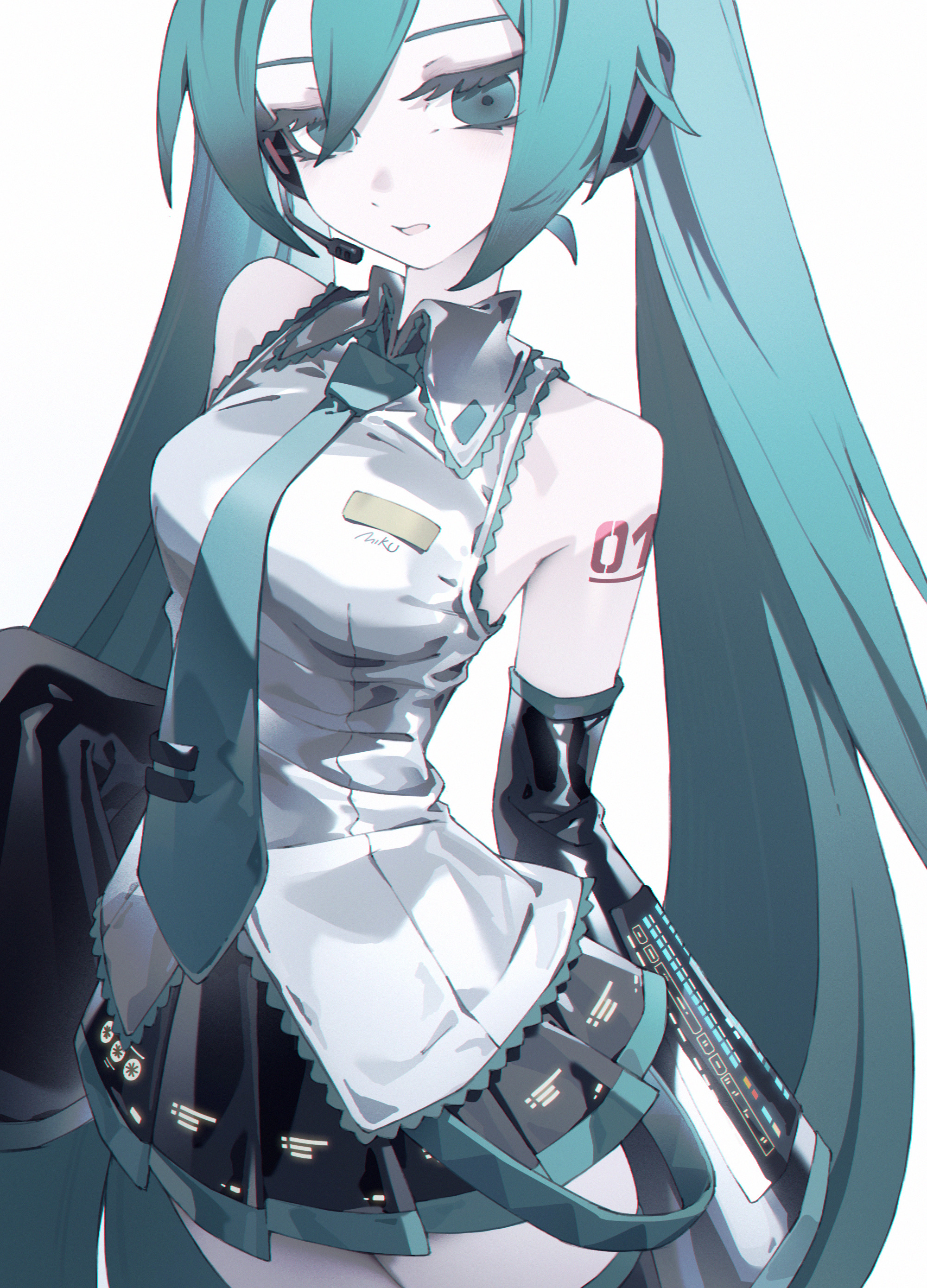 carelier11, hatsune miku, vocaloid, absurdres, chinese commentary, commentary request, highres, 1girl, aqua eyes, aqua hair, aqua necktie, bare shoulders, black skirt, black sleeves, breasts, collared shirt, cowboy shot, detached sleeves, grey shirt, headset, long hair, looking at viewer, medium breasts, miniskirt, necktie, number tattoo, open mouth, pleated skirt, shirt, shoulder tattoo, simple background, skirt, sleeveless, sleeveless shirt, sleeves past fingers, sleeves past wrists, solo, standing, tattoo, twintails, very long hair, white background