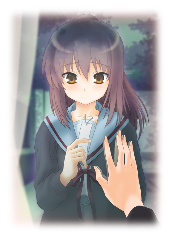 funen gomi, kyonko, suzumiya haruhi no shoushitsu, suzumiya haruhi no yuuutsu, 10s, 1girl, bookmark, brown eyes, brown hair, cardigan, female focus, genderswap, genderswap (mtf), long hair, ponytail, pov, reflection, school uniform, serafuku, solo