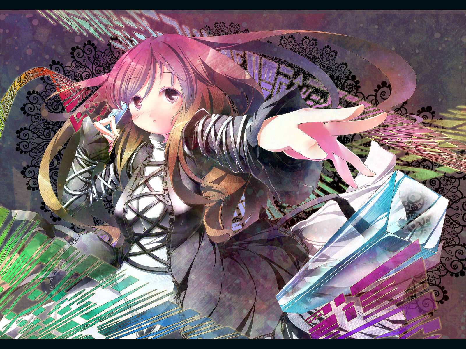 sugiyuu, hijiri byakuren, touhou, highres, 1girl, brown hair, dress, female focus, gradient hair, long hair, multicolored hair, pink hair, scroll, solo, sorcerer's sutra scroll, yellow eyes