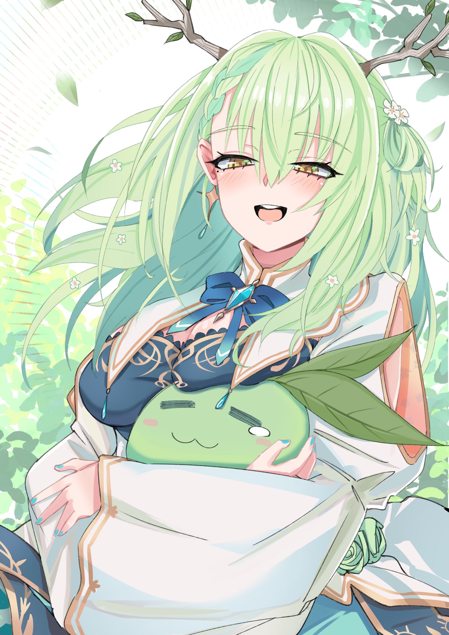 foxcoco210789, ceres fauna, ceres fauna (1st costume), sapling (ceres fauna), hololive, hololive english, commentary, english commentary, highres, 1girl, antlers, breasts, dress, eyelashes, grey hair, horns, hug, large breasts, leaf, open mouth, solo focus, virtual youtuber, white dress, yellow eyes