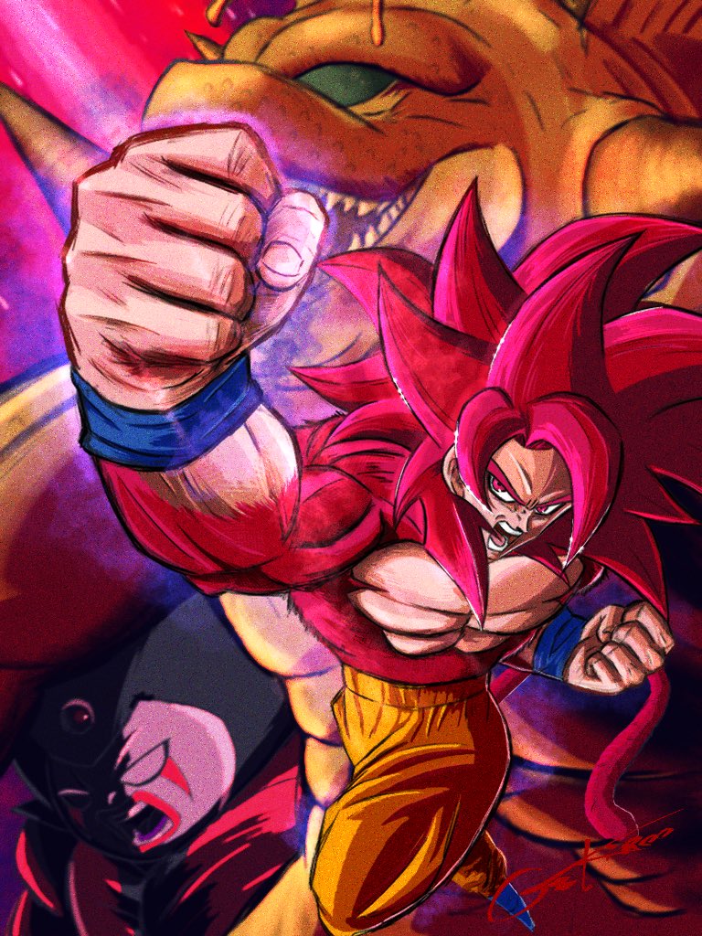 gekiroo, son goku, dragon ball, dragon ball daima, character request, 2boys, blue boots, body fur, boots, clenched hands, demon realm porunga, dragon, long hair, male focus, monkey tail, multiple boys, muscular, muscular male, open mouth, orange pants, pants, punching, red eyes, red fur, red hair, red tail, solo focus, spiked hair, tail, topless male