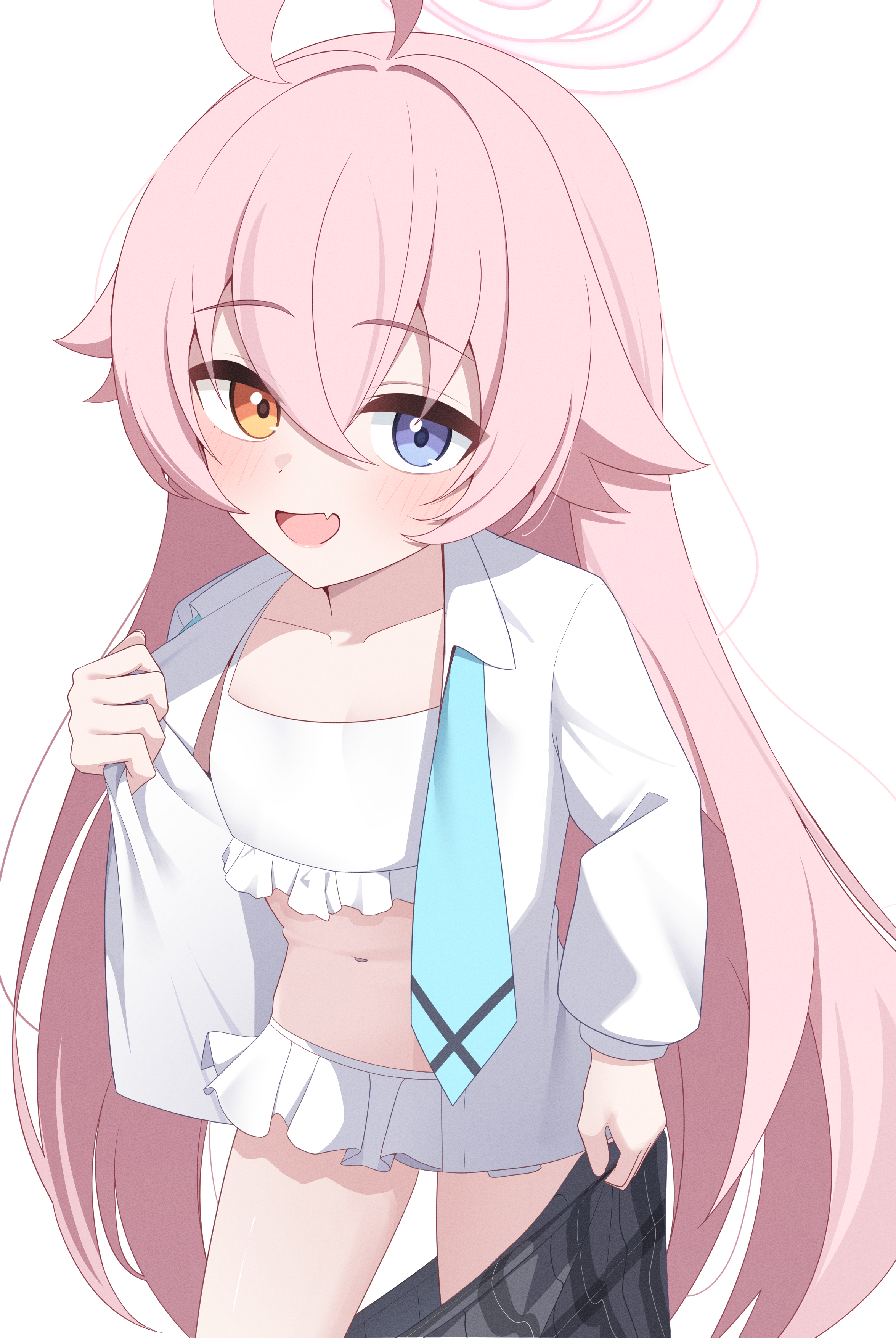 natukuzira, hoshino (blue archive), hoshino (swimsuit) (blue archive), blue archive, absurdres, commentary request, highres, 1girl, ahoge, bikini, blue eyes, blue necktie, blush, cowboy shot, crossed bangs, dress shirt, fang, frilled bikini, frills, grey skirt, hair between eyes, hair flaps, halo, heterochromia, long hair, long sleeves, looking at viewer, necktie, open mouth, pink hair, pink halo, shirt, simple background, skin fang, skirt, solo, swimsuit, swimsuit under clothes, unbuttoned, unbuttoned shirt, undone necktie, undressing, very long hair, white background, white bikini, white shirt, yellow eyes
