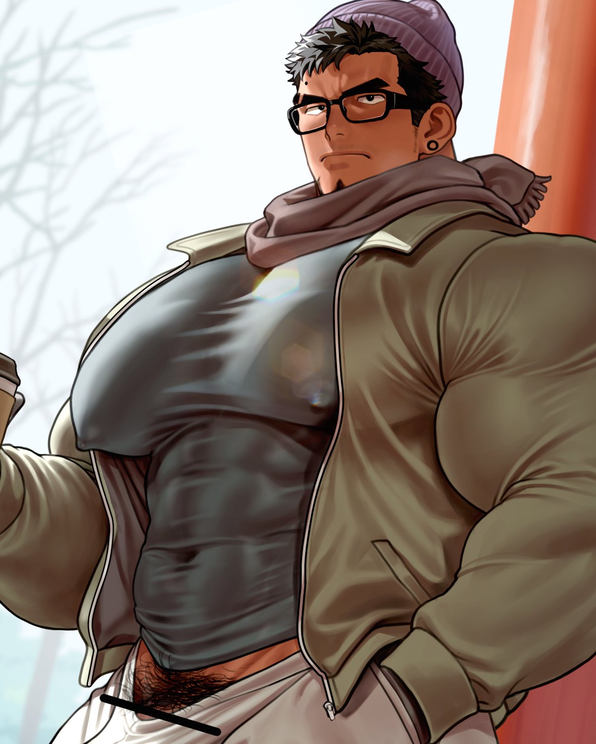 kuromine hiraya, original, commentary request, highres, 1boy, bar censor, bara, beanie, biceps, black eyes, black hair, bright pupils, broad shoulders, censored, covered abs, covered erect nipples, covered navel, cowboy shot, cup, eyebrow cut, glasses, green jacket, hand in pocket, hat, holding, holding cup, holding disposable cup holder, huge pectorals, jacket, light frown, male focus, mole, mole above eye, muscular, muscular male, pants, penis, penis peek, pubic hair, purple hat, scarf, shirt, solo, tight clothes, tight jacket, tight shirt, white pants, white pupils, winter, zipper