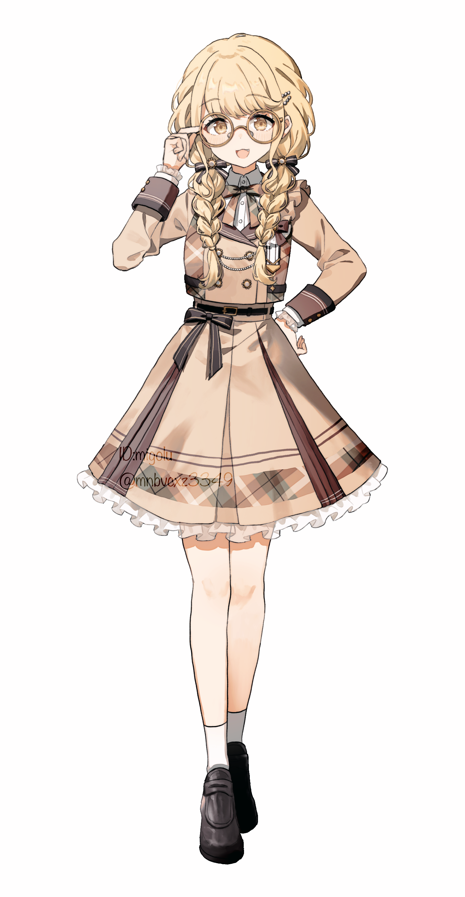 migolu, fujita kotone, gakuen idolmaster, idolmaster, absurdres, commentary, english commentary, highres, 1girl, adjusting eyewear, alternate costume, bespectacled, black ribbon, black shoes, blonde hair, bow, bowtie, braid, brown bow, brown bowtie, brown jacket, brown skirt, fang, frilled skirt, frills, full body, glasses, hair ribbon, hand on own hip, jacket, long hair, long sleeves, looking at viewer, low twin braids, open mouth, plaid bow, plaid bowtie, plaid clothes, ribbon, shirt, shoes, simple background, skirt, smile, socks, solo, standing, twin braids, twitter username, white background, white shirt, white socks, yellow eyes