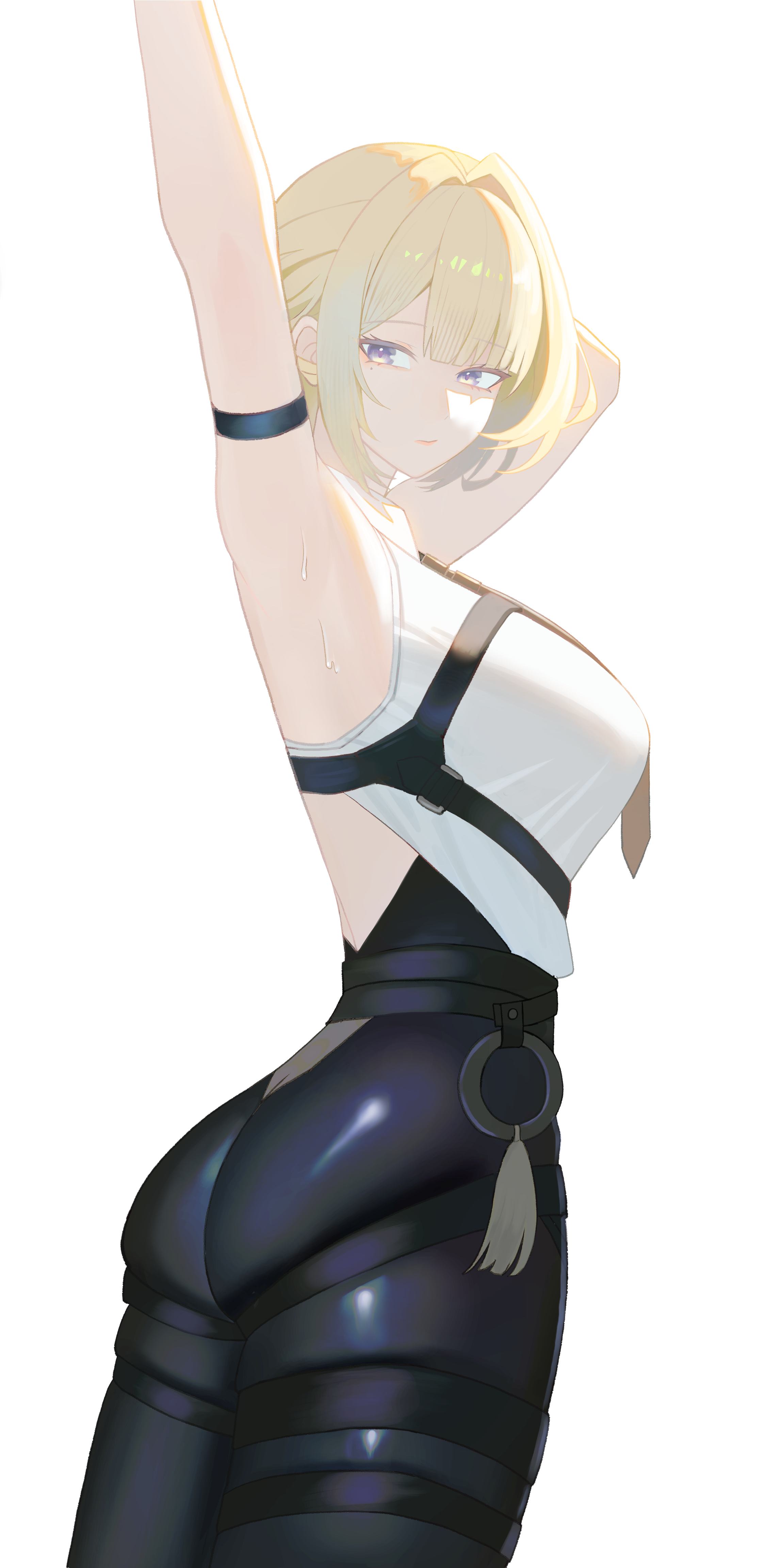 oro (lsg0624), evelyn chevalier, zenless zone zero, absurdres, commentary, highres, 1girl, arm behind head, arm strap, arm up, armpits, ass, black pants, blonde hair, breasts, closed mouth, cowboy shot, from side, high-waist pants, large breasts, latex pants, looking at viewer, mole, mole under eye, pants, parted bangs, purple eyes, shirt, short hair, simple background, sleeveless, sleeveless shirt, solo, sweat, tight clothes, tight pants, white background, white shirt