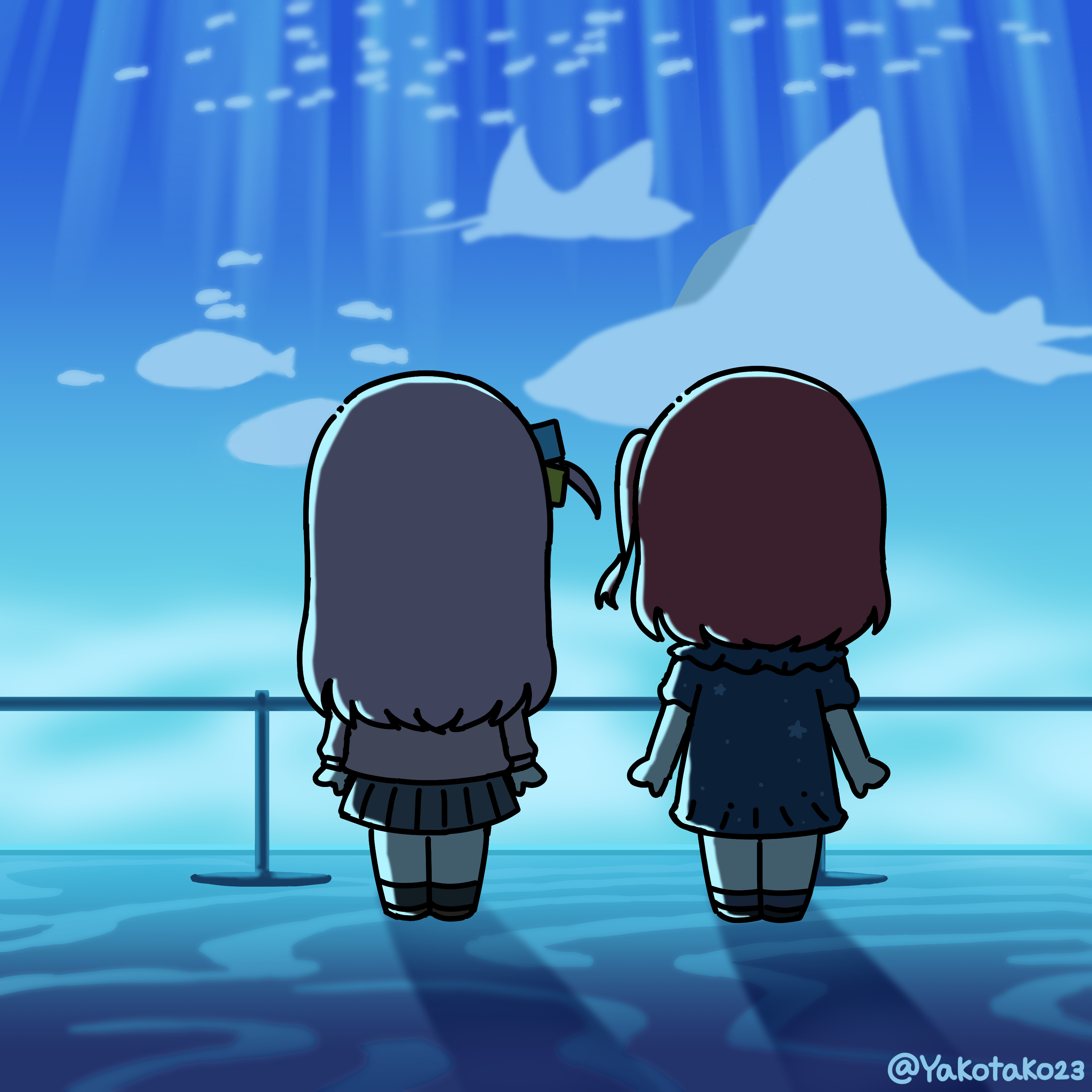 yakotako, gotoh hitori, kita ikuyo, bocchi the rock!, absurdres, commentary, english commentary, highres, 2girls, aquarium, brown hair, chibi, chibi only, dress, facing away, grey dress, indoors, jacket, manta ray, multiple girls, one side up, pink jacket, pleated skirt, skirt, twitter username