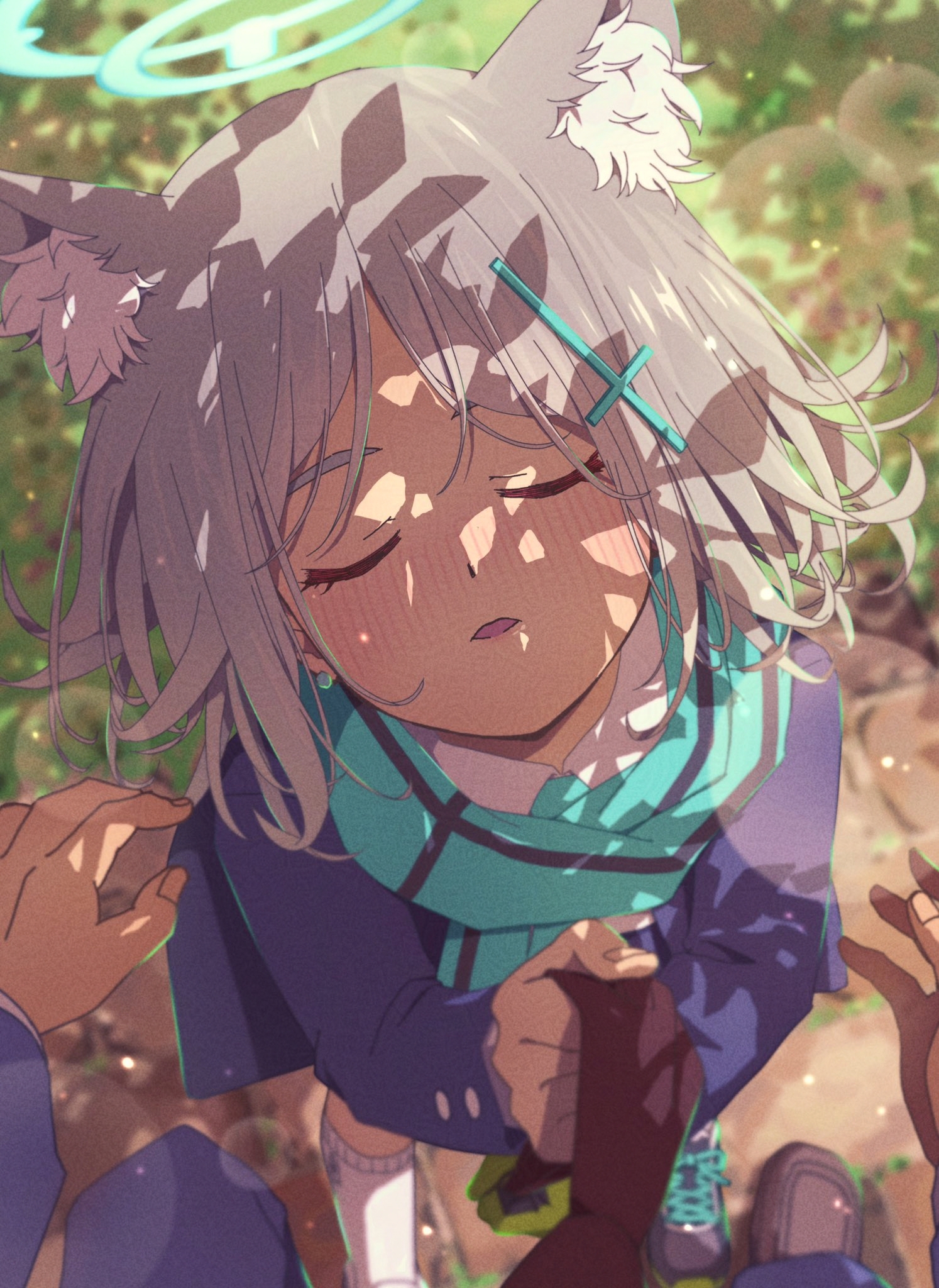 matsumoto yutaka, shiroko (blue archive), blue archive, commentary request, highres, 1boy, 1girl, animal ear fluff, animal ears, blue jacket, blue pants, blue scarf, blush, closed eyes, clothes grab, cross hair ornament, earrings, extra ears, grey hair, hair ornament, jacket, jewelry, kneehighs, long hair, necktie, necktie grab, neckwear grab, open mouth, pants, pov, red necktie, scarf, socks, stud earrings, white socks, wolf ears, wolf girl