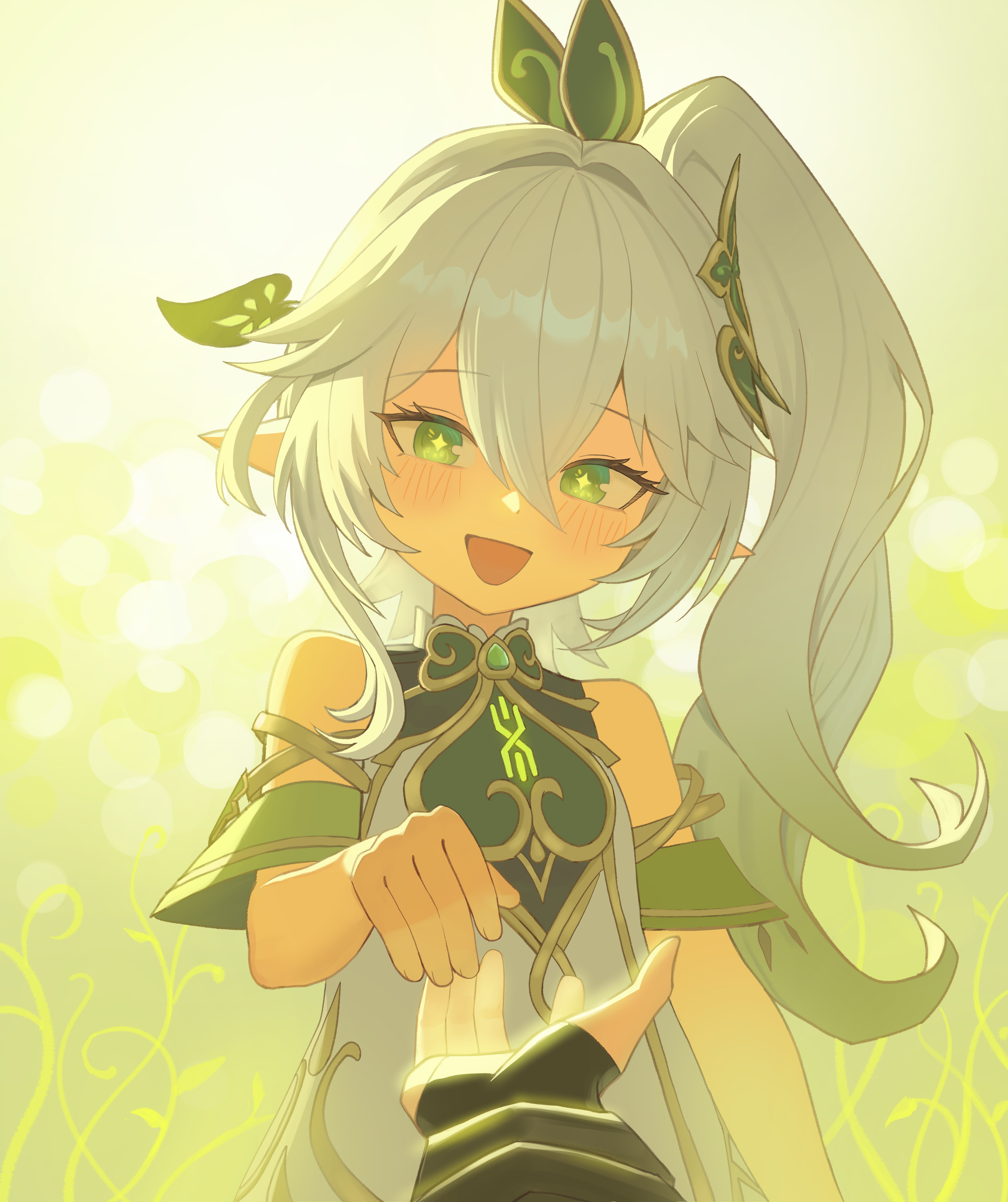 oro (lsg0624), nahida (genshin impact), genshin impact, absurdres, commentary, english commentary, highres, + +, 1girl, :d, bare shoulders, blush, double-parted bangs, dress, green eyes, hair between eyes, hair ornament, imminent hand holding, leaf hair ornament, long hair, looking at viewer, open mouth, pointy ears, pov, pov hands, reaching, reaching towards viewer, short sleeves, side ponytail, smile, solo focus, upper body, white dress, white hair, yellow background
