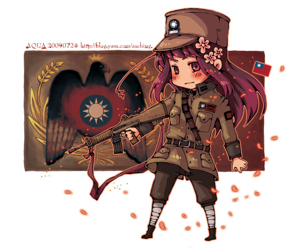 asching, taiwan (hetalia), axis powers hetalia, 1girl, ahoge, alternate costume, assault rifle, brown eyes, brown hair, chibi, female focus, flag, flower, gun, hair flower, hair ornament, hat, military, military uniform, petals, purple eyes, purple hair, rifle, solo, sun symbol, sunburst, t65 assault rifle, weapon