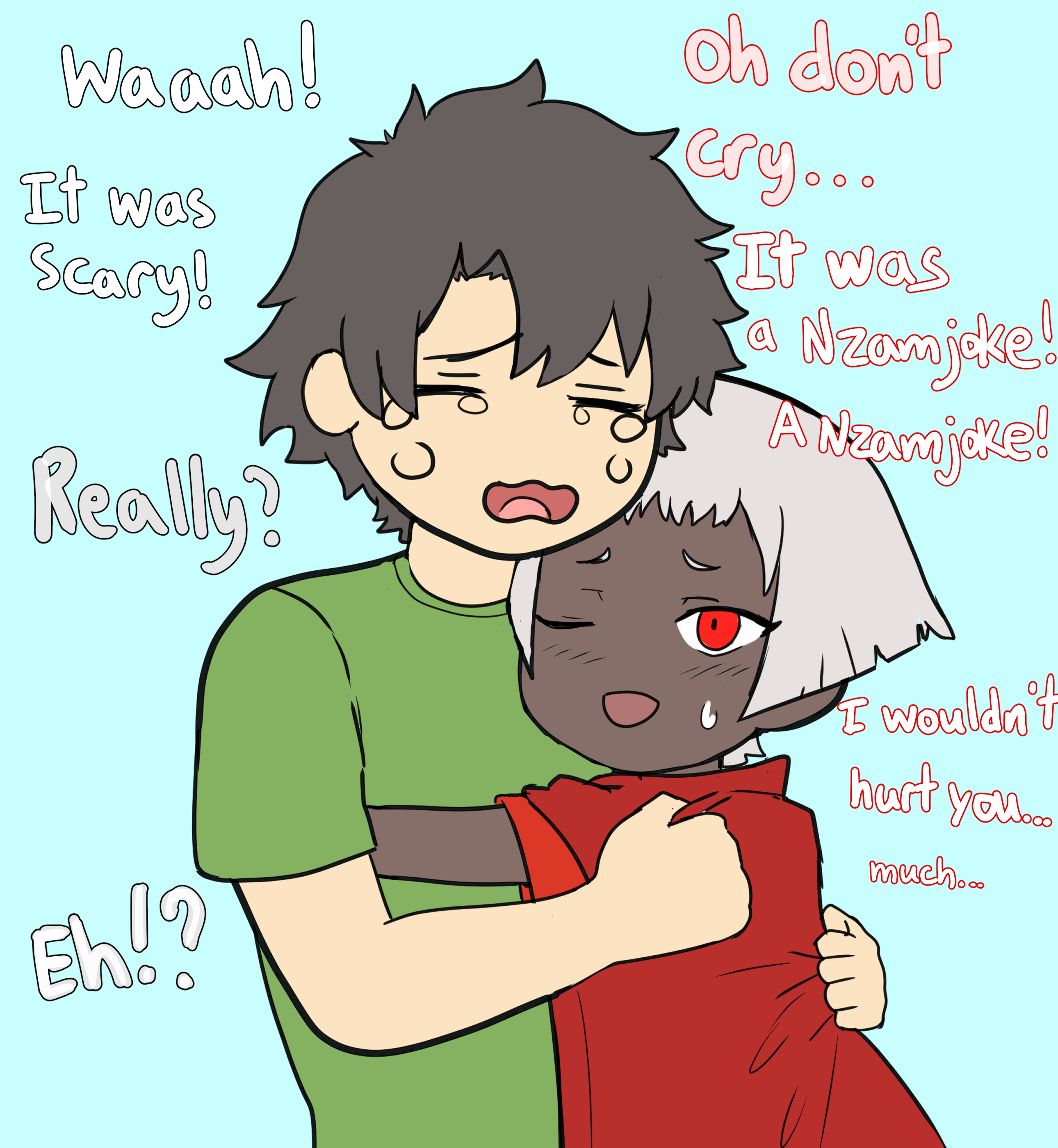 artrum4, fujimaru ritsuka (male), nzambi (fate), fate/grand order, fate/requiem, fate (series), absurdres, commentary, highres, 1boy, 1girl, black hair, blue background, cloak, comforting, crying, dark-skinned female, dark skin, english text, gripping clothes, height difference, hug, one eye closed, open mouth, red cloak, red eyes, scared, short hair, sweatdrop, upper body, very dark skin, very short hair, white hair