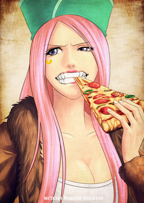k-suwabe, jewelry bonney, one piece, 1girl, anti-eyebrow piercing, breasts, cleavage, coat, eating, face piercing, facial mark, female focus, food, fur coat, hat, jacket, lipstick, long hair, makeup, piercing, pink hair, pizza, pizza slice, purple eyes, solo, tattoo, teeth
