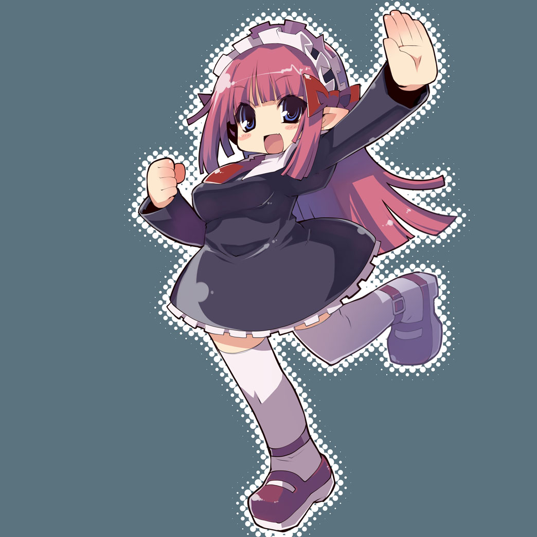 zankuro, mage (disgaea), disgaea, 1girl, blue eyes, bow, female focus, full body, halftone, halftone background, headdress, long hair, long sleeves, necktie, open mouth, pointy ears, solo, thighhighs