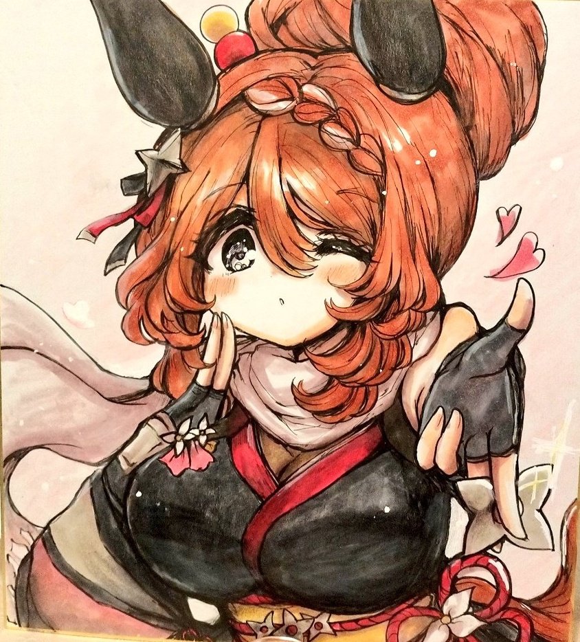 nanohana, super creek (flowery shadow amongst the gentle rain) (umamusume), super creek (umamusume), umamusume, commentary request, traditional media, 1girl, ;o, animal ears, black gloves, blowing kiss, blue eyes, blush, breasts, brown hair, cleavage, ear covers, fingerless gloves, gloves, hair between eyes, heart, horse ears, horse girl, horse tail, japanese clothes, kimono, kuji-in, large breasts, long hair, looking at viewer, multicolored hair, ninja, official alternate costume, official alternate hair length, official alternate hairstyle, one eye closed, outstretched arm, puckered lips, reaching, reaching towards viewer, scarf, shuriken, shuriken hair ornament, simple background, sleeveless, sleeveless kimono, solo, streaked hair, tail, weapon, white background, white hair, white scarf