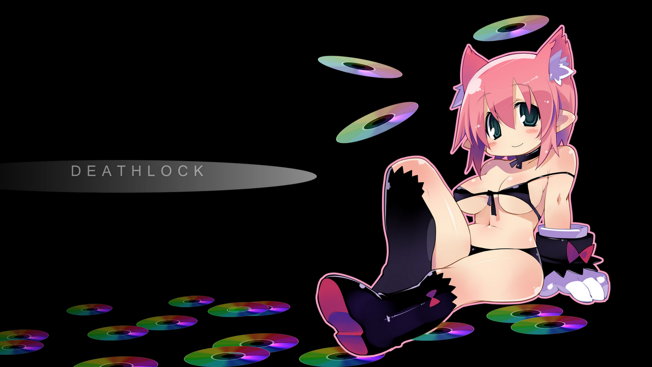 zankuro, deathlock-san, [sys3.6.3.] e.c.m., 1girl, animal ear fluff, aqua eyes, bikini, black boots, boots, breasts, cd, chibi, choker, female focus, front-tie top, gloves, kneehighs, navel, outline, pink hair, pink outline, pointy ears, short hair, sitting, socks, solo, swimsuit