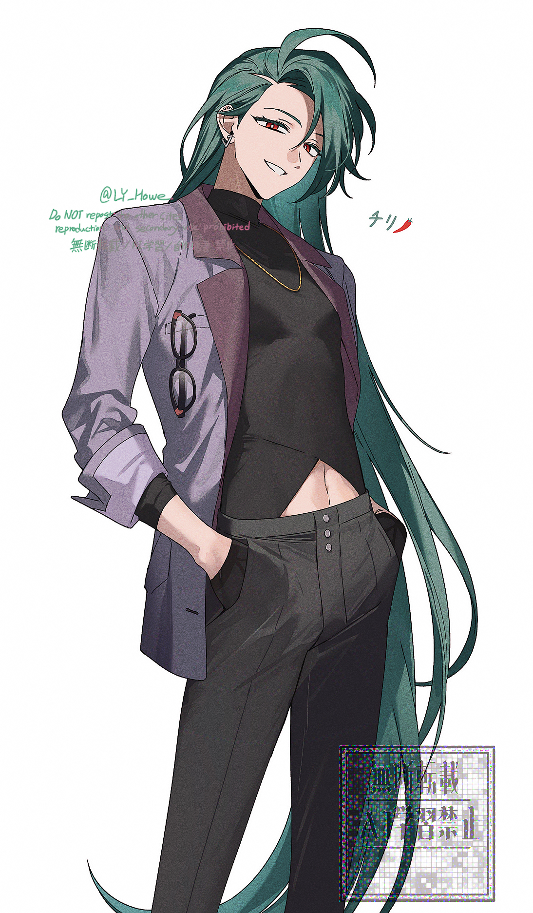 kitsune (ly howe), rika (palentine's 2026) (pokemon), rika (pokemon), nintendo, pokemon, pokemon masters ex, pokemon sv, commentary request, highres, 1girl, artist name, black gloves, black pants, black shirt, clothing cutout, colored eyelashes, cowboy shot, ear piercing, earrings, eyewear hang, eyewear in pocket, glasses, gloves, green hair, grey jacket, grin, half gloves, hands in pockets, jacket, jewelry, lapels, long hair, long sleeves, looking at viewer, navel, navel cutout, necklace, official alternate costume, official alternate hairstyle, open clothes, open jacket, pants, piercing, red eyes, shirt, simple background, smile, solo, standing, turtleneck, twintails, unworn eyewear, very long hair, watermark, white background