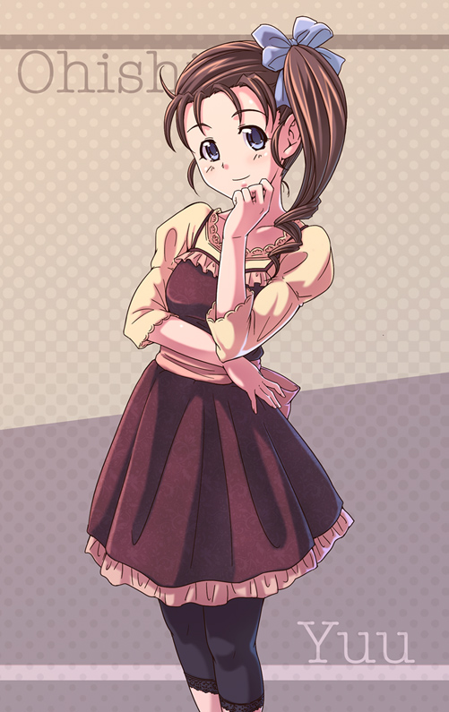e20, ooishi yuu, original, 1girl, blue eyes, bow, brown hair, dress, female focus, hair bow, romaji text, side ponytail, solo