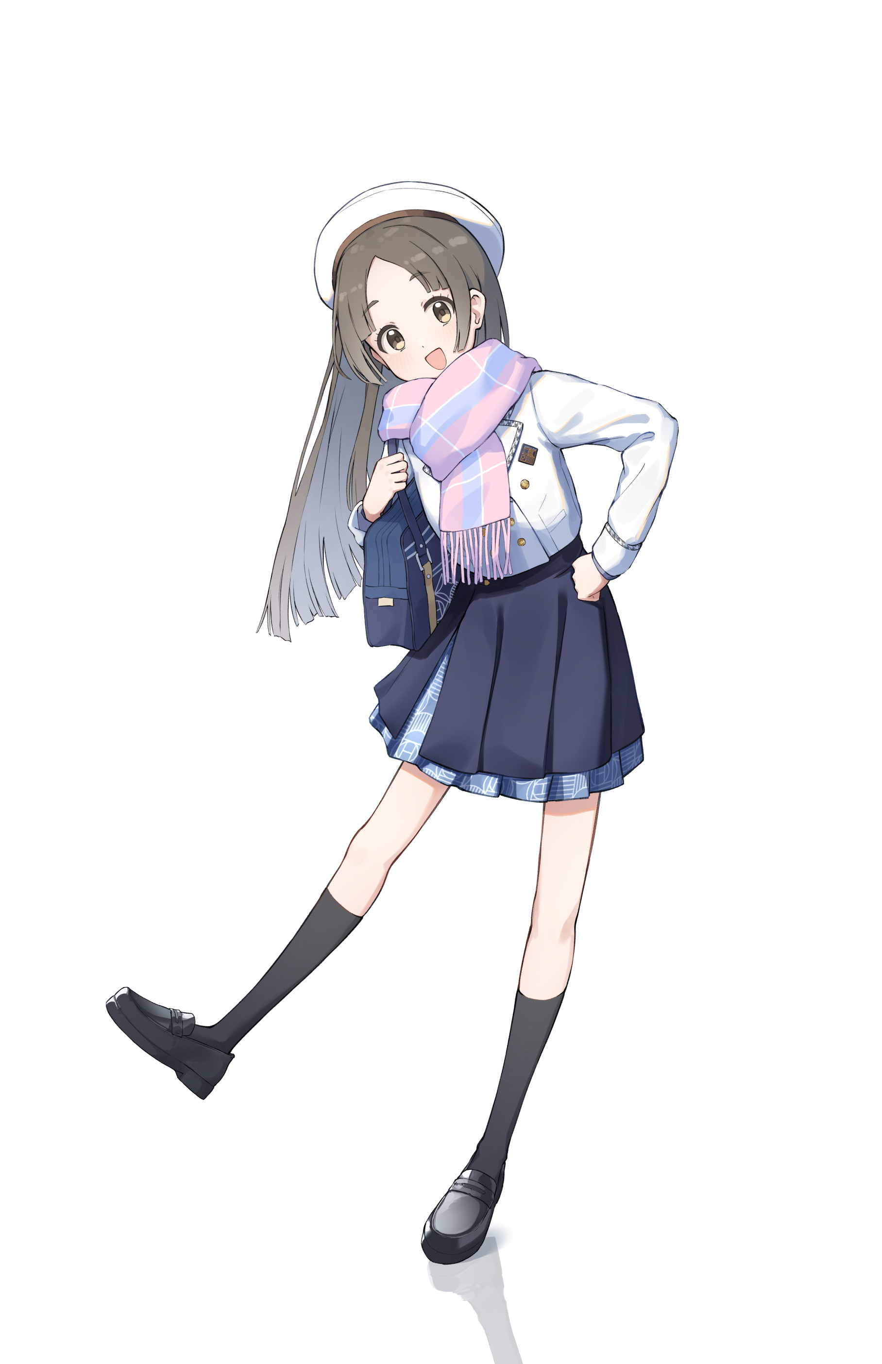 nakata (nkt vvd), kuramoto china, gakuen idolmaster, idolmaster, absurdres, commentary request, highres, 1girl, :d, bag, beret, black overskirt, black shoes, black socks, blue bag, blue skirt, blunt bangs, blunt ends, brown eyes, full body, hand on own hip, hat, hatsuboshi gakuen school uniform, holding strap, jacket, kneehighs, leaning forward, light blush, loafers, long hair, long sleeves, looking at viewer, miniskirt, open mouth, parted bangs, pink scarf, pleated skirt, scarf, school bag, school emblem, school uniform, shadow, shoes, shoulder bag, simple background, skirt, smile, socks, solo, standing, standing on one leg, white background, white hat, white jacket