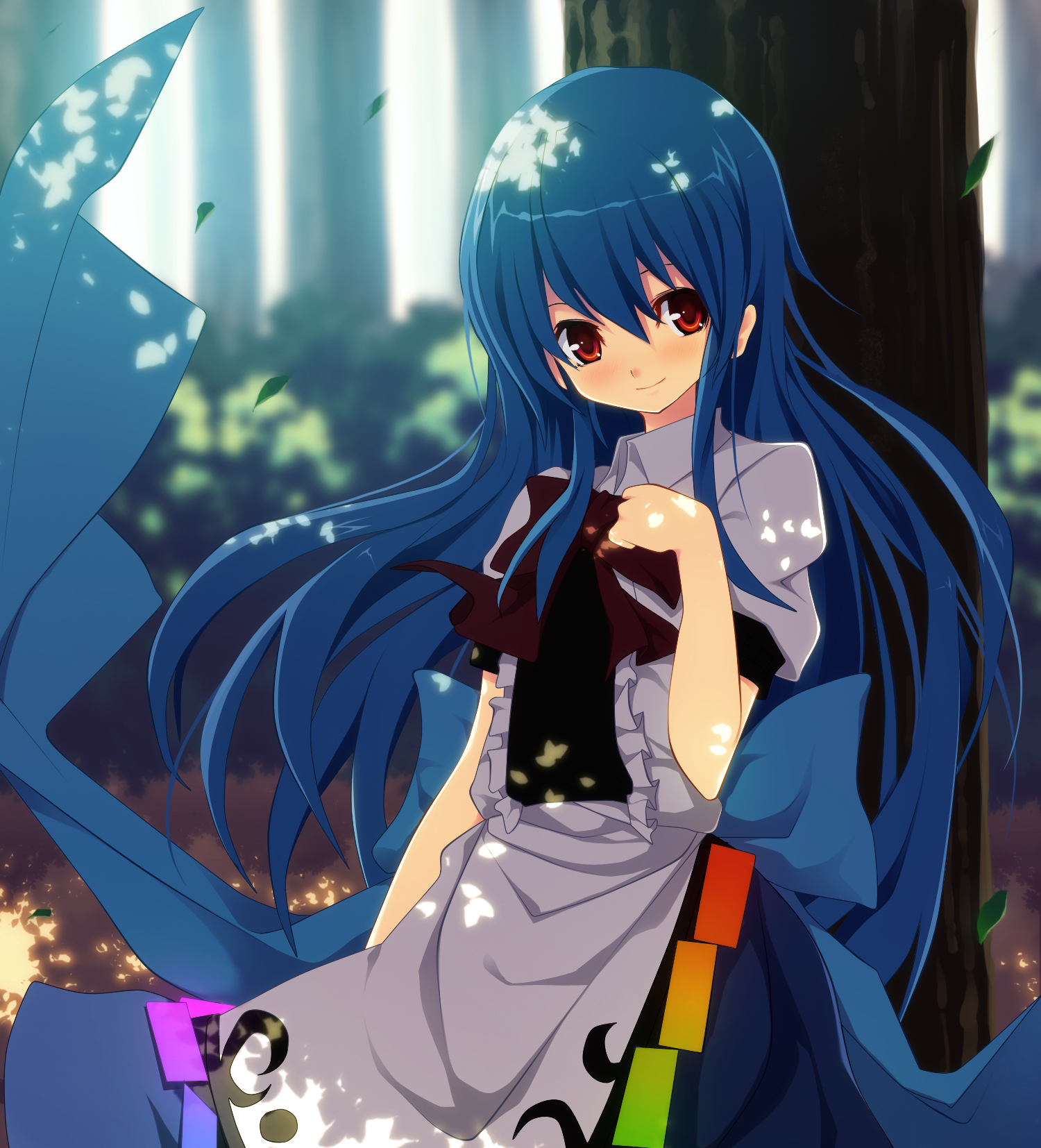 gintarou (kurousagi108), maid koubou, hinanawi tenshi, touhou, bad id, bad pixiv id, highres, 1girl, blue hair, dappled sunlight, female focus, forest, hair between eyes, hand on another's chest, hand on own chest, long hair, nature, no headwear, red eyes, smile, solo, sunlight, tree, very long hair