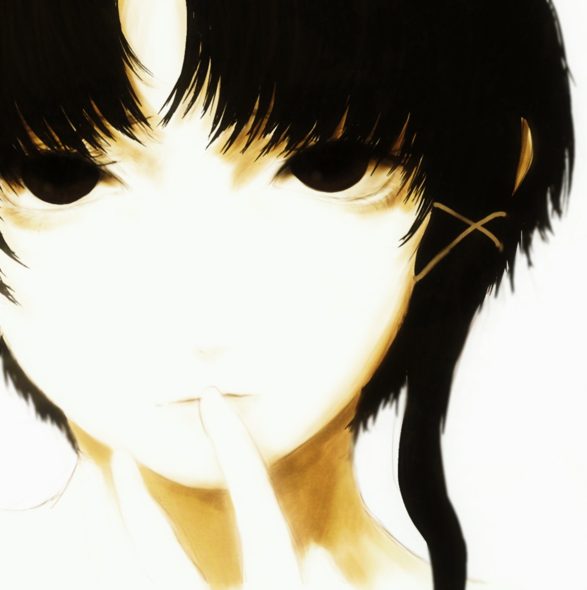 ranm12s, iwakura lain, serial experiments lain, commentary, highres, 1girl, black eyes, black hair, closed mouth, empty eyes, expressionless, finger to mouth, hair ornament, looking at viewer, parted bangs, portrait, retro artstyle, sepia, sidelocks, simple background, solo, straight-on, white background, x hair ornament