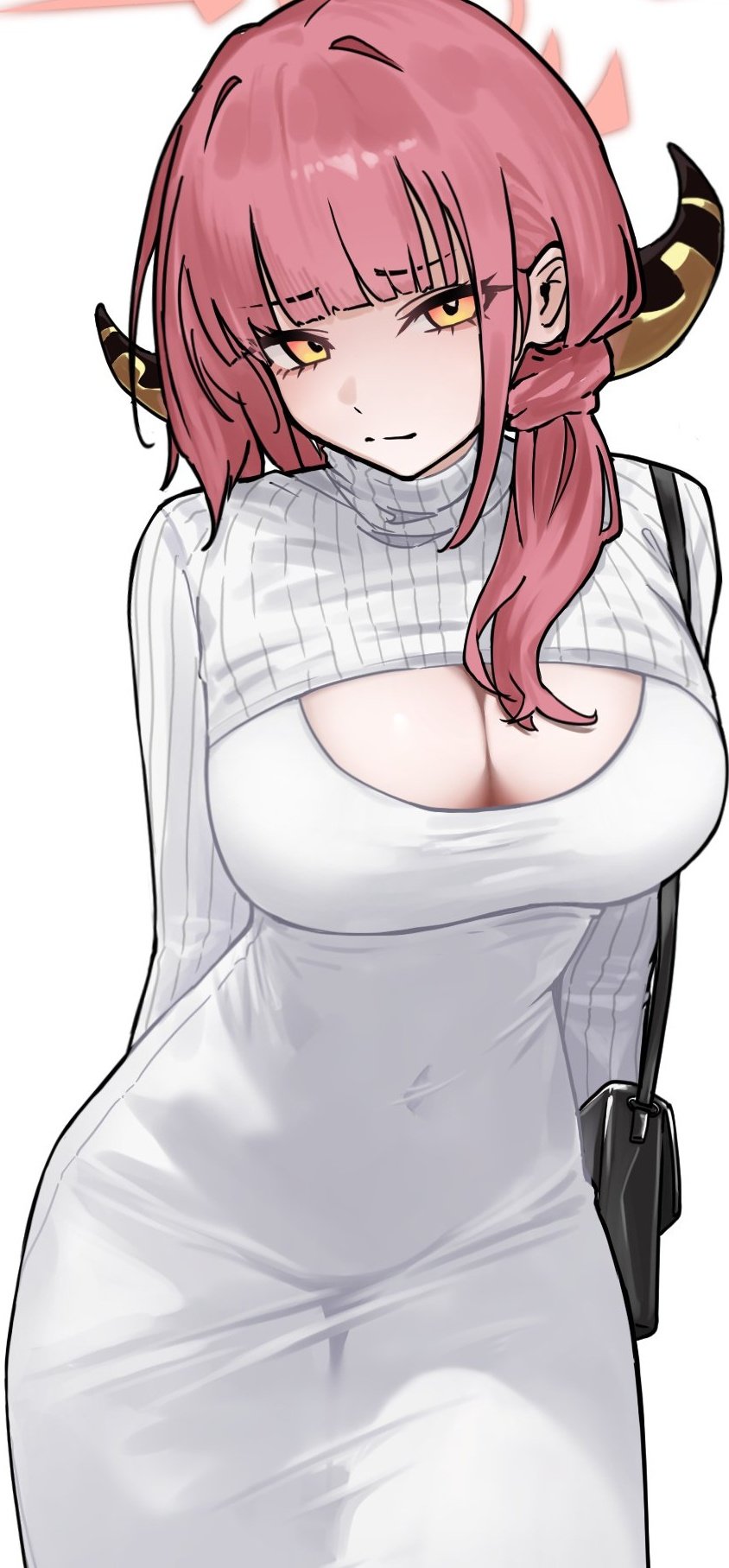 guwall, aru (blue archive), blue archive, hashtag-only commentary, highres, 1girl, bag, blunt bangs, bodycon, breasts, brown horns, cleavage, cleavage cutout, closed mouth, clothing cutout, covered navel, demon horns, dongtan dress, dress, framed breasts, hair over shoulder, halo, handbag, horns, large breasts, long dress, long hair, long sleeves, looking at viewer, low horns, open-chest sweater, pencil dress, pink hair, red halo, scoop neck, simple background, solo, sweater, sweater dress, taut clothes, taut dress, tight clothes, tight dress, turtleneck, turtleneck dress, turtleneck sweater, very long hair, white background, white dress, white sweater, yellow eyes