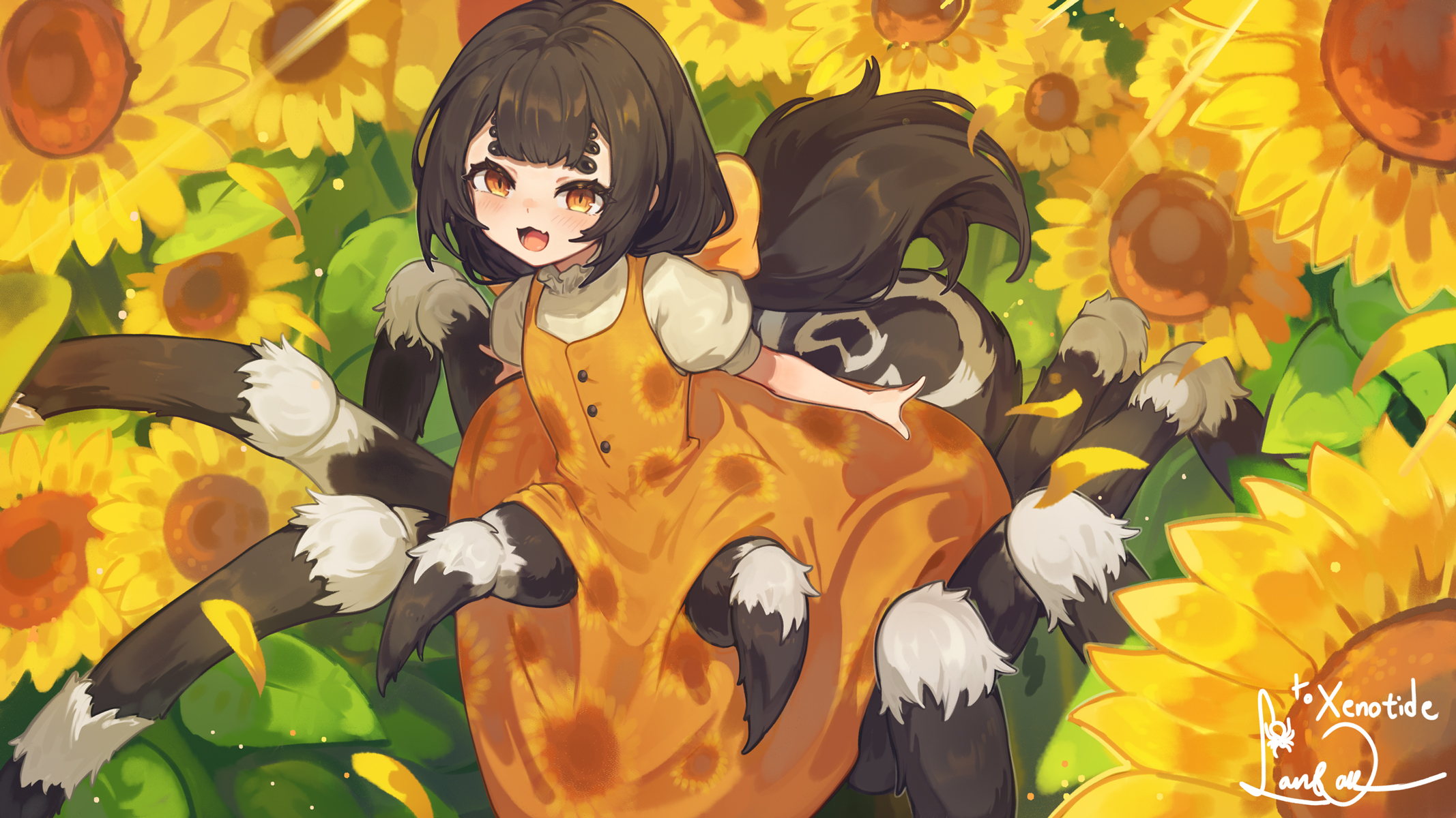lansane, original, commentary request, highres, 1girl, arachne, arthropod girl, blush, brown hair, dress, extra eyes, field, flower, flower field, insect girl, long hair, looking at viewer, monster girl, multiple legs, open mouth, orange eyes, smile, solo, spider girl, sunflower, sunflower field, taur