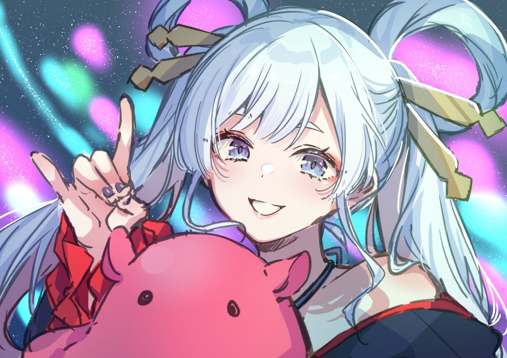 runami yachiyo, commentary request, 1girl, bare shoulders, blue eyes, cho kaguya-hime!, eyeshadow, fox shadow puppet, hair ornament, hair rings, hair stick, hand up, ichinose kei, long hair, looking at viewer, makeup, nail polish, octopus, pink lips, red eyeshadow, sky, smile, solo, star (sky), starry sky, twintails, upper body, white hair