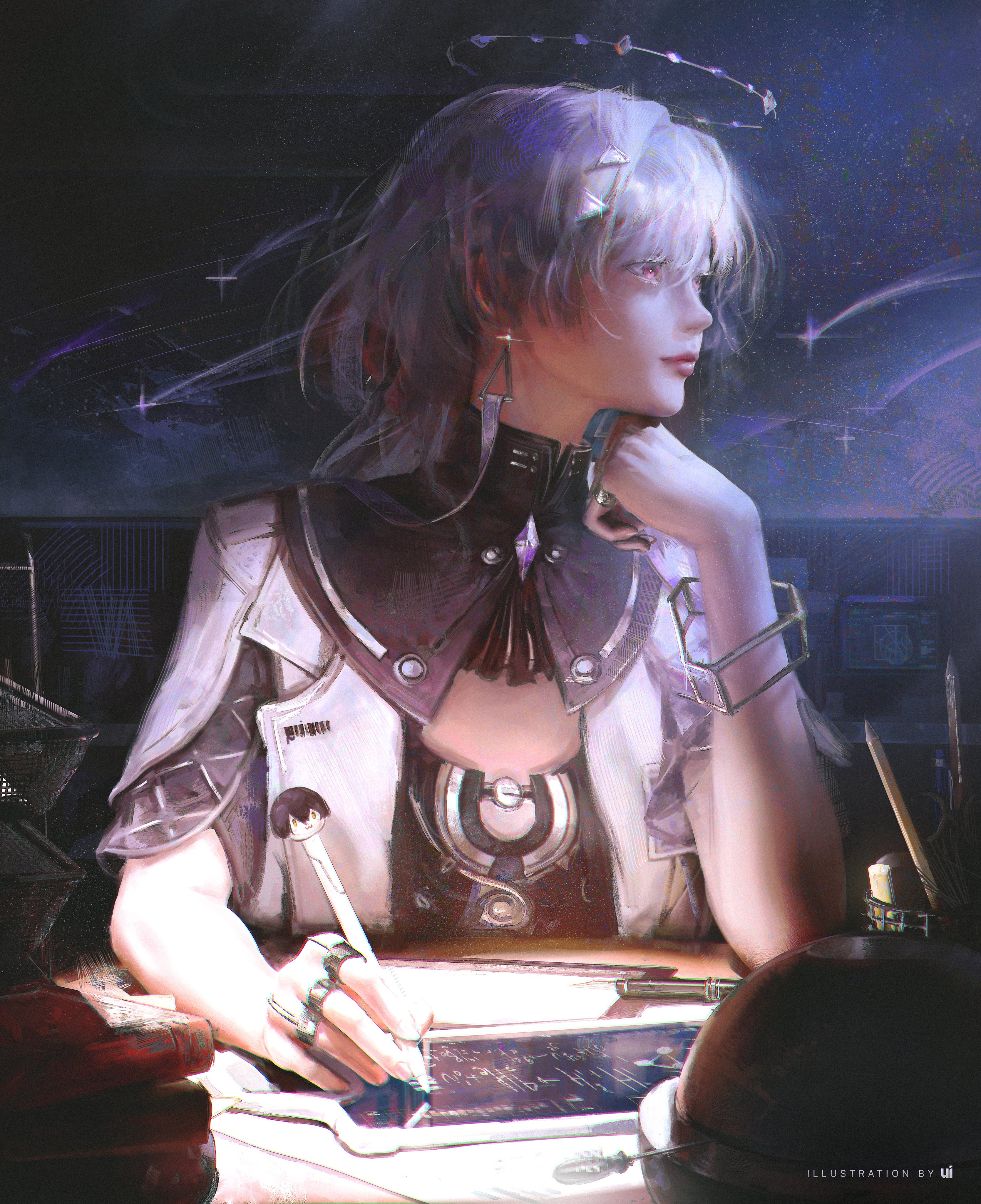 male rover (wuthering waves), mornye (wuthering waves), rover (wuthering waves), wuthering waves, absurdres, commentary, english commentary, highres, 1girl, artist name, closed mouth, earrings, grey hair, halo, hand up, holding, holding pen, id card, jacket, jewelry, long hair, objectification, pen, red eyes, smile, solo, triangle earrings, turning head, ui uiiiiiiiii, white jacket